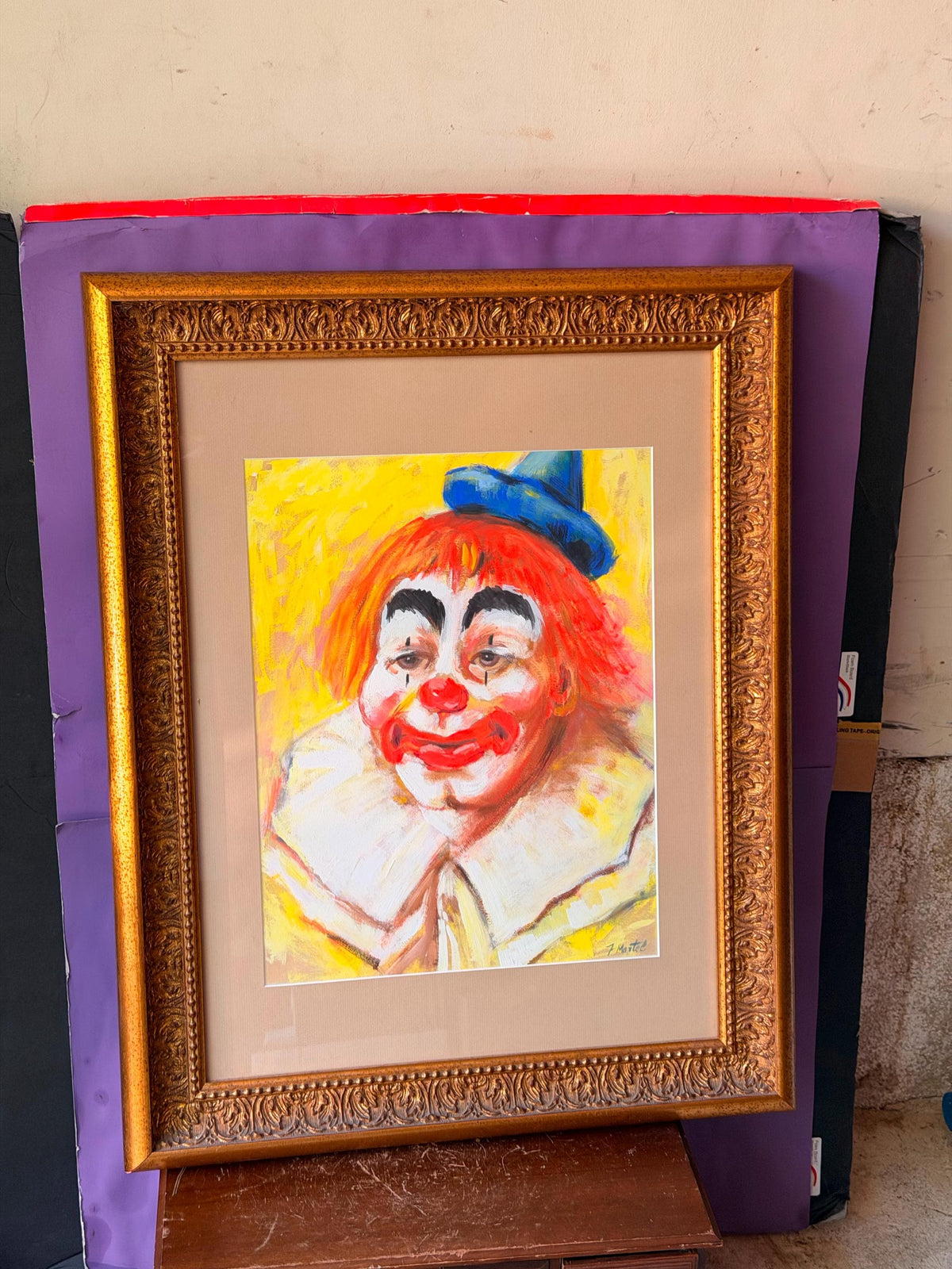 Vintage Framed Clown Painting Signed J. Martel | Mid-Century Folk Art 29x23