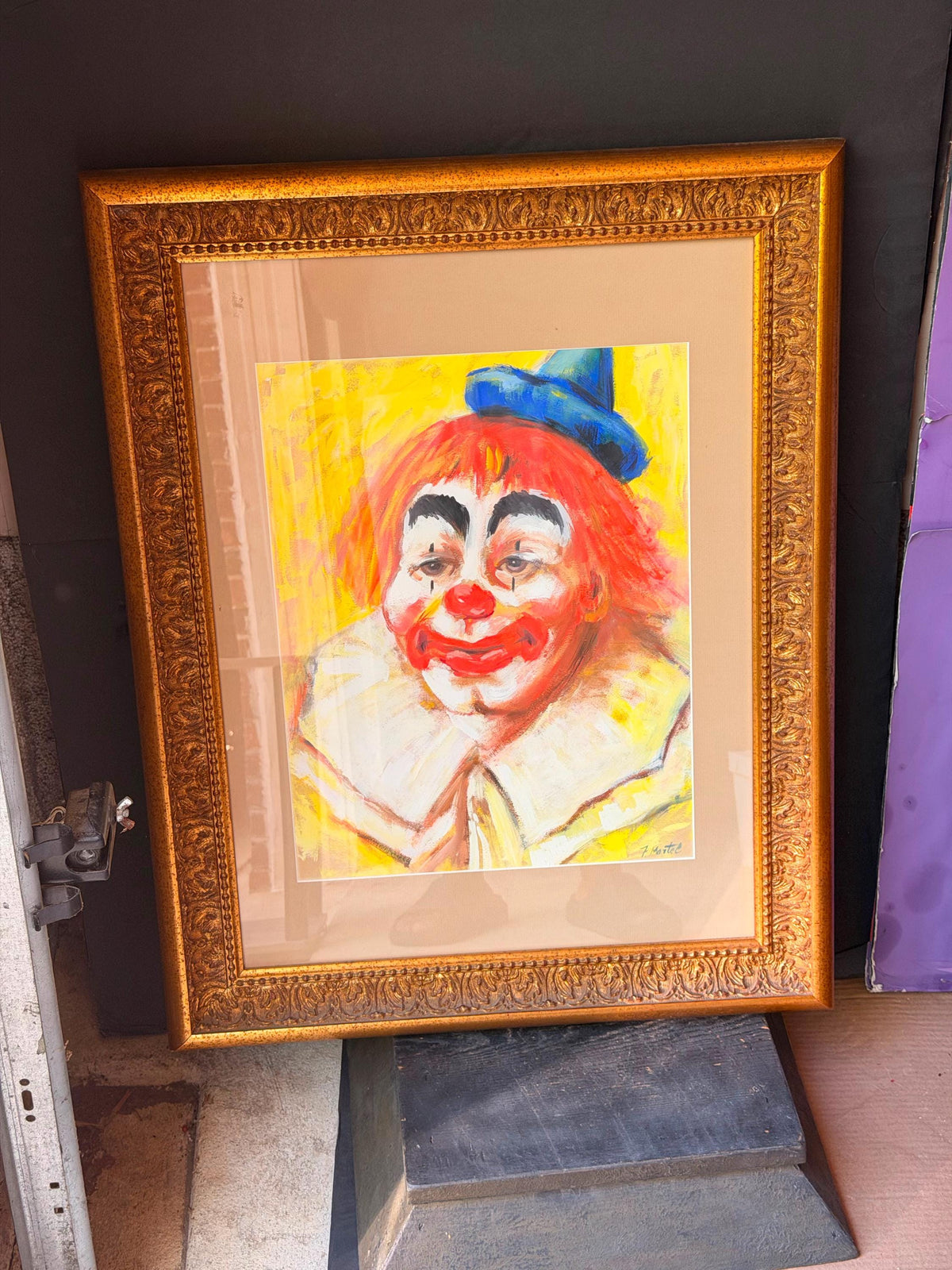 Vintage Framed Clown Painting Signed J. Martel | Mid-Century Folk Art 29x23