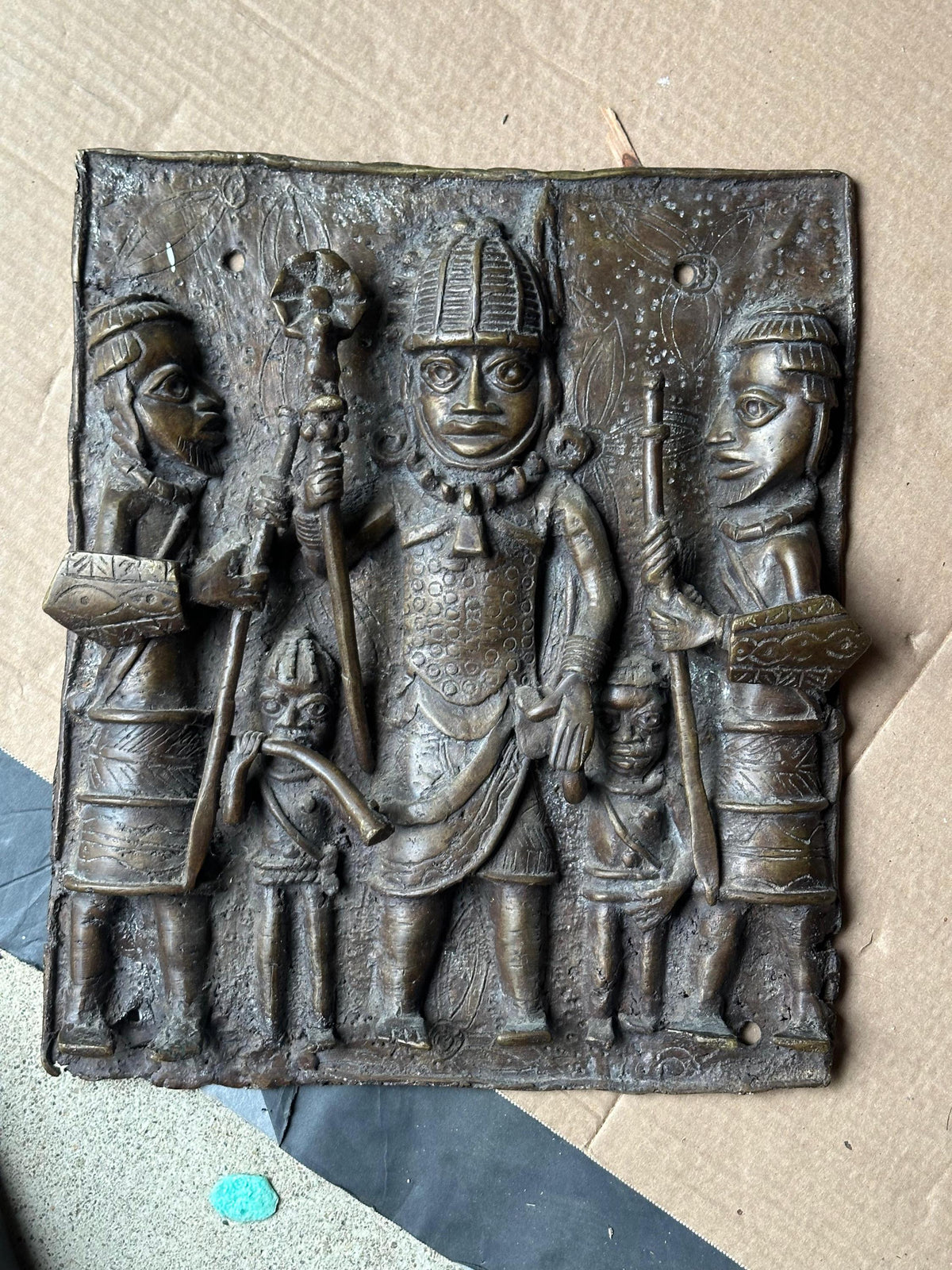 Vintage Benin Bronze Relief Plaque | Oba & Attendants | Nigerian African Art 14"