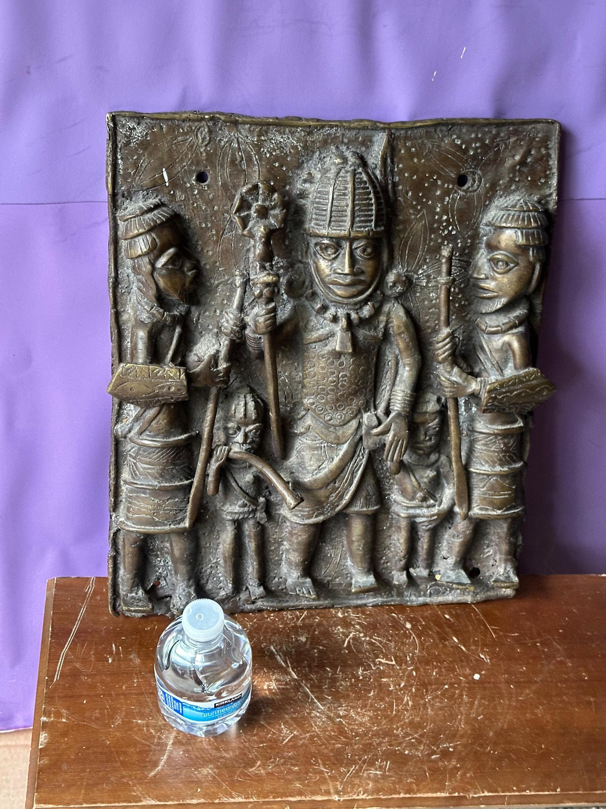 Vintage Benin Bronze Relief Plaque | Oba & Attendants | Nigerian African Art 14"