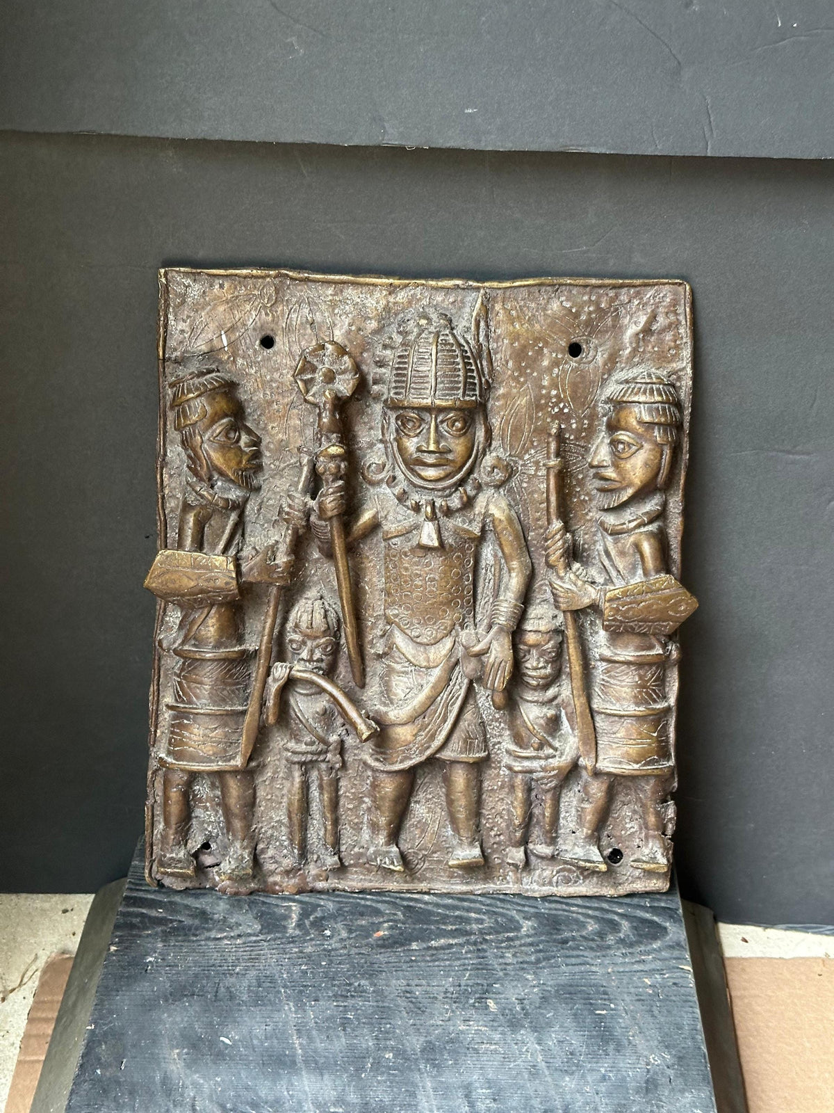Vintage Benin Bronze Relief Plaque | Oba & Attendants | Nigerian African Art 14"