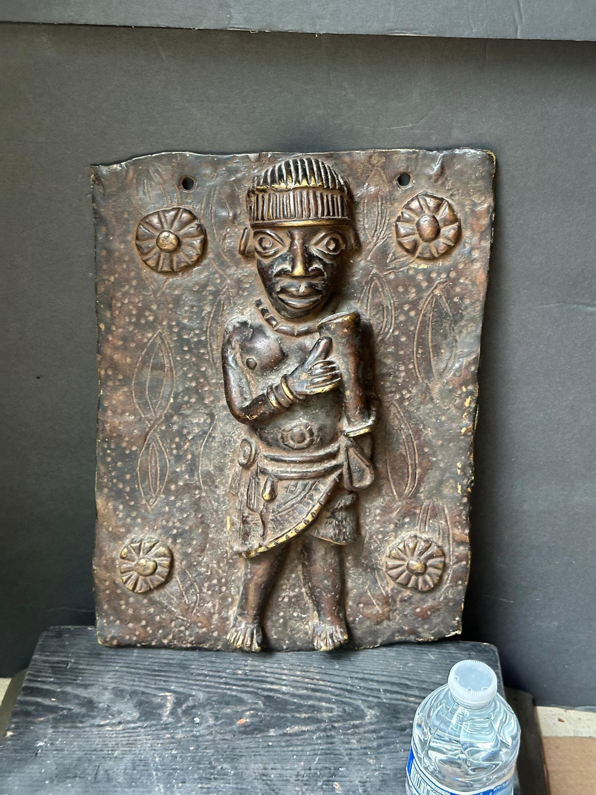 Vintage 14" Benin Bronze Plaque | Royal Court Figure | Nigerian African Wall Art