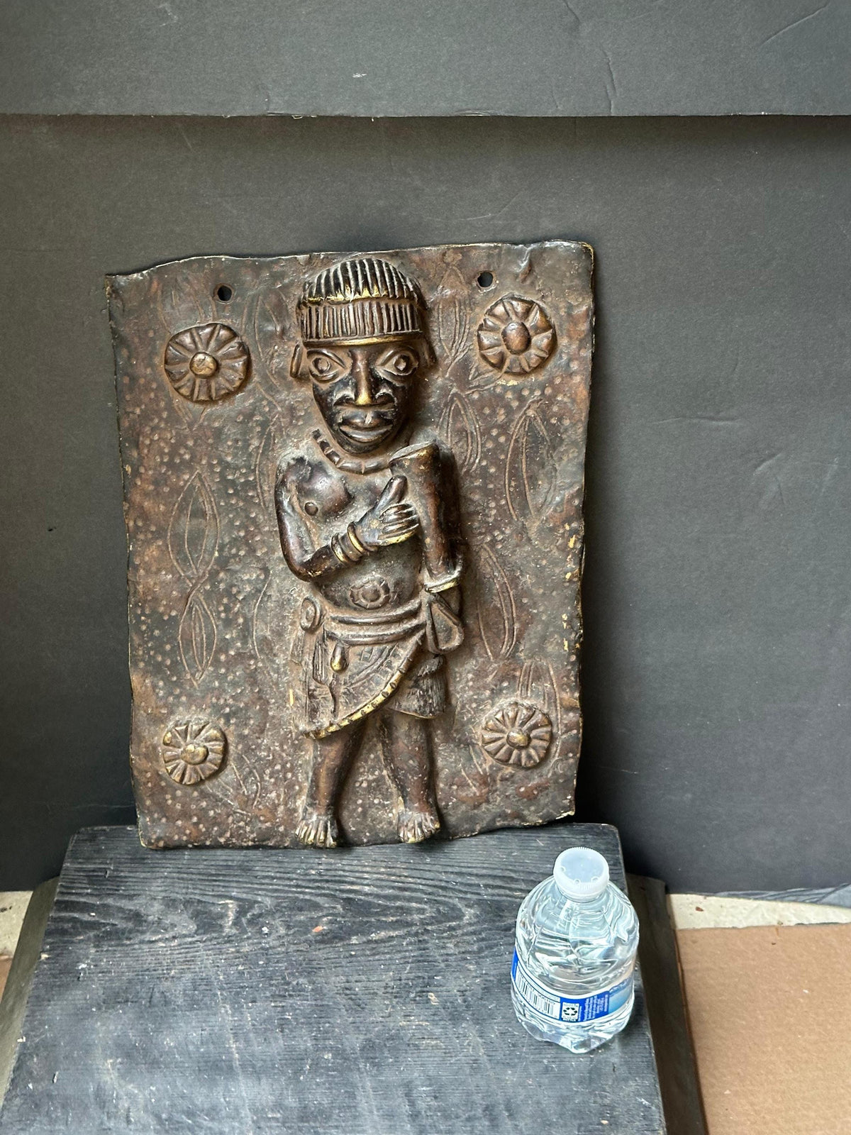 Vintage 14" Benin Bronze Plaque | Royal Court Figure | Nigerian African Wall Art