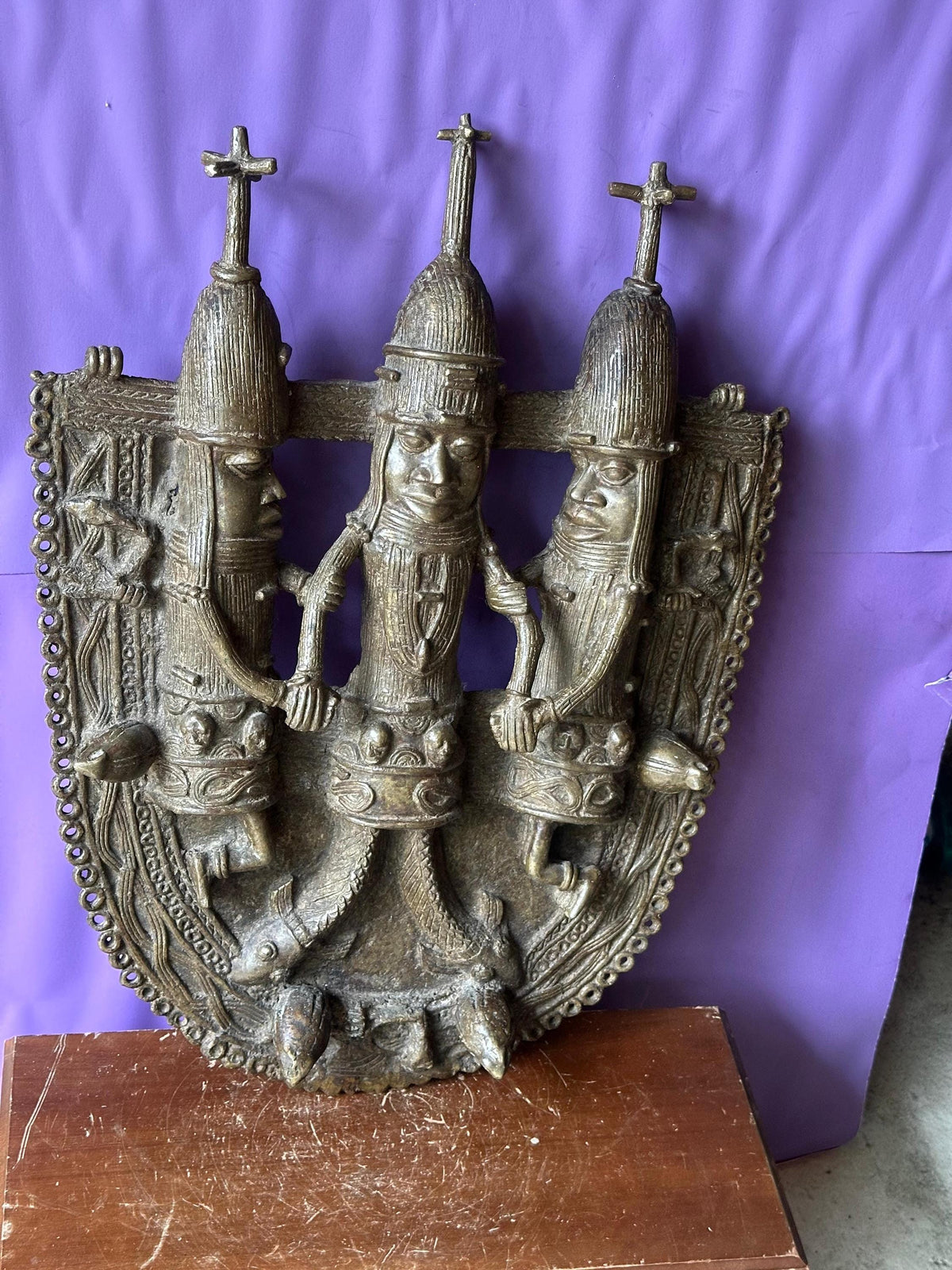 Huge 22" Benin Bronze Plaque | Oba with Mudfish Legs | African Wall Art Nigeria