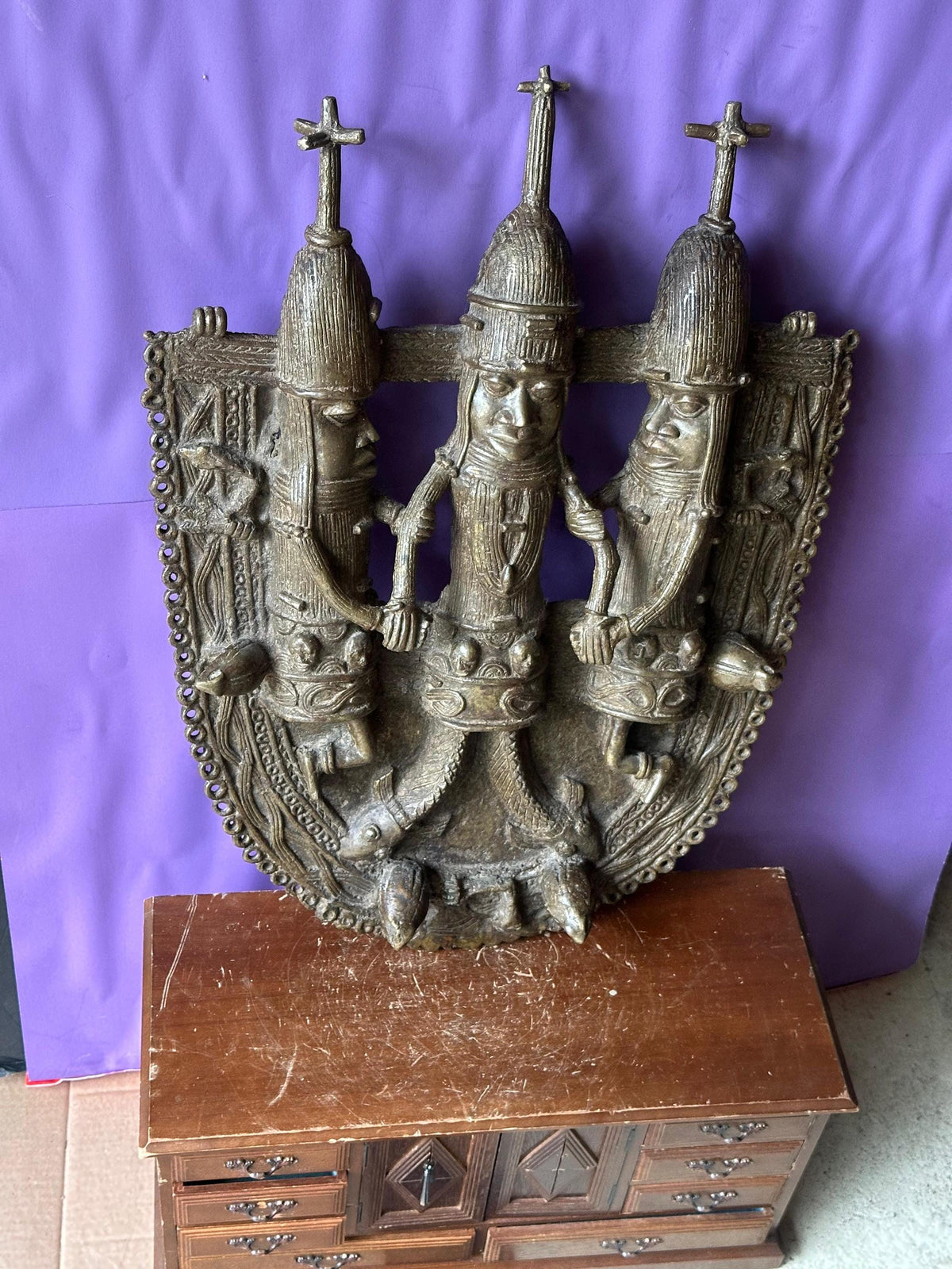 Huge 22" Benin Bronze Plaque | Oba with Mudfish Legs | African Wall Art Nigeria