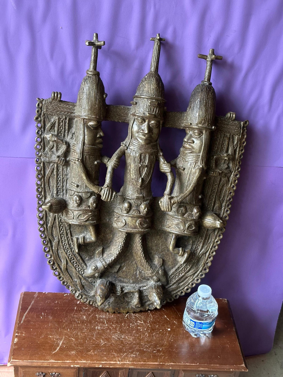 Huge 22" Benin Bronze Plaque | Oba with Mudfish Legs | African Wall Art Nigeria