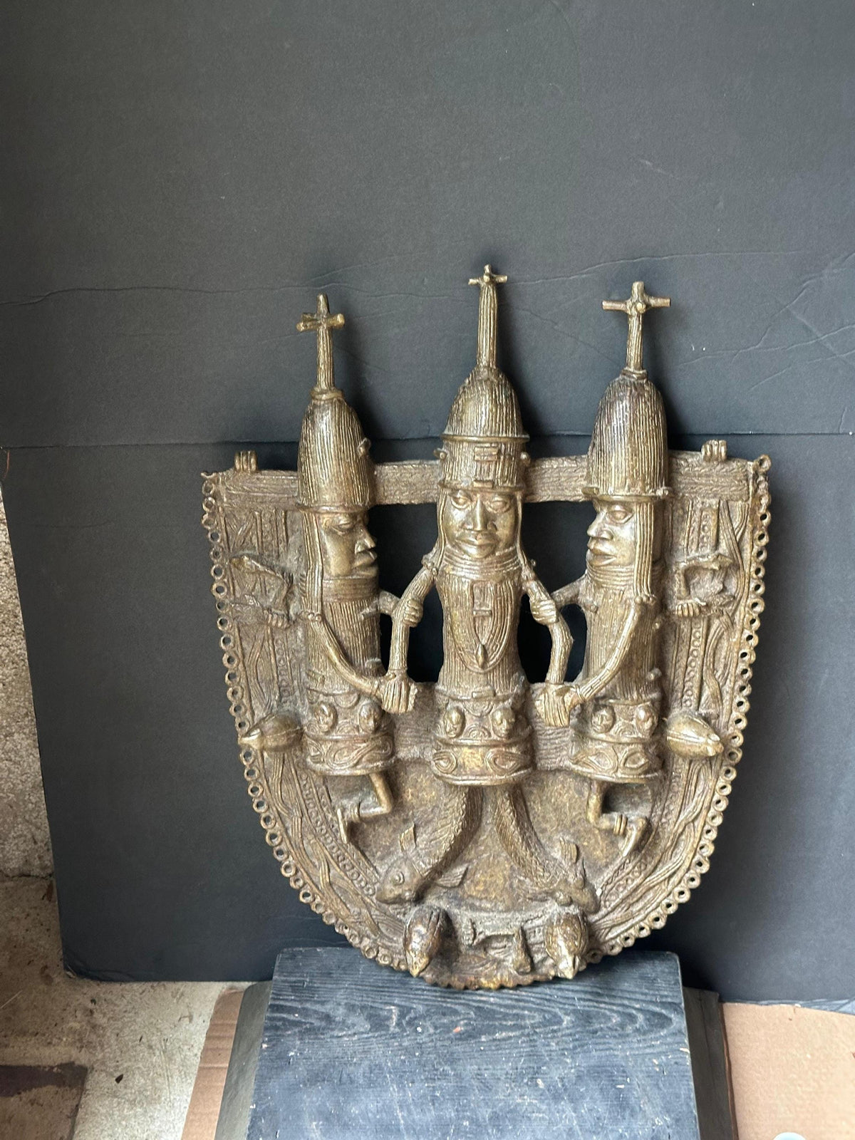 Huge 22" Benin Bronze Plaque | Oba with Mudfish Legs | African Wall Art Nigeria