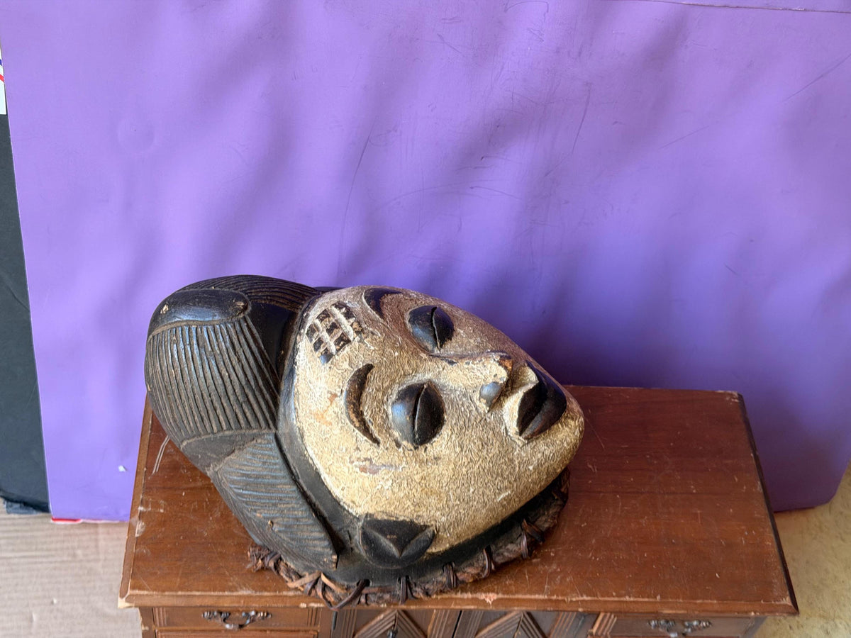 Vintage African Punu Okuyi Wooden Mask – White Kaolin Spirit Face (11")