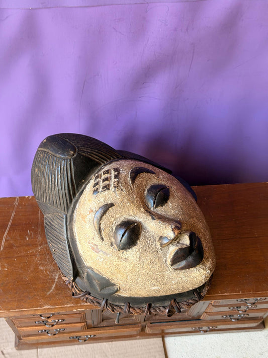 Vintage African Punu Okuyi Wooden Mask – White Kaolin Spirit Face (11")