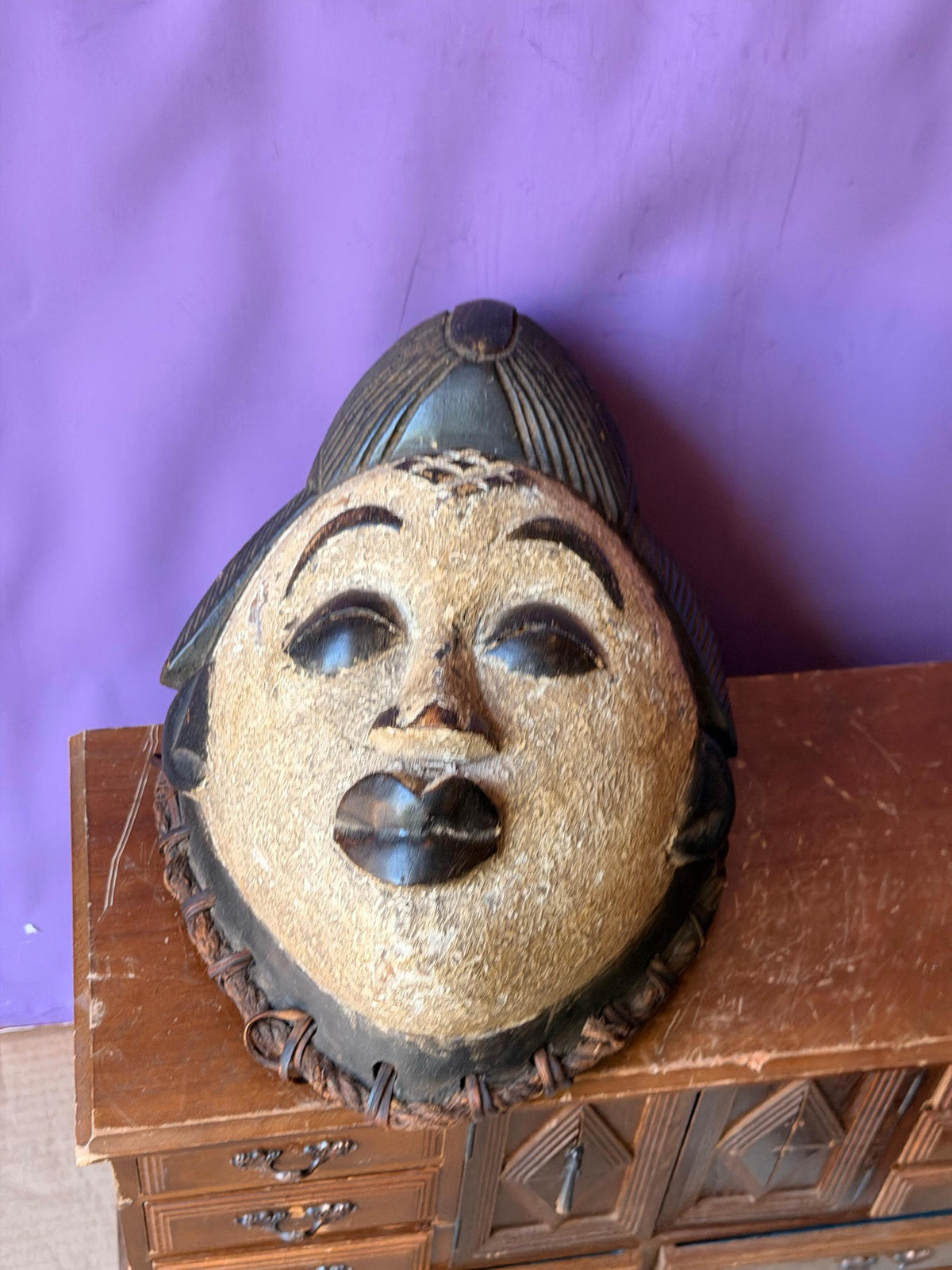 Vintage African Punu Okuyi Wooden Mask – White Kaolin Spirit Face (11")