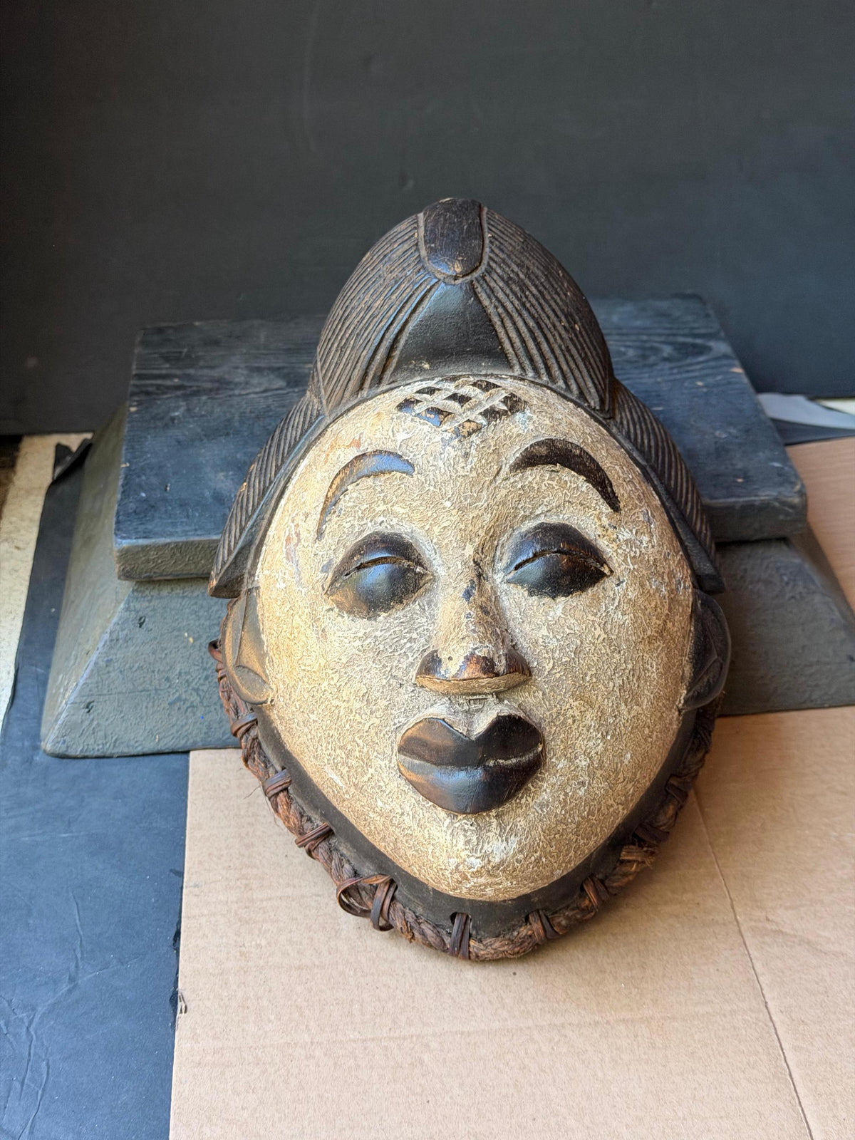 Vintage African Punu Okuyi Wooden Mask – White Kaolin Spirit Face (11")