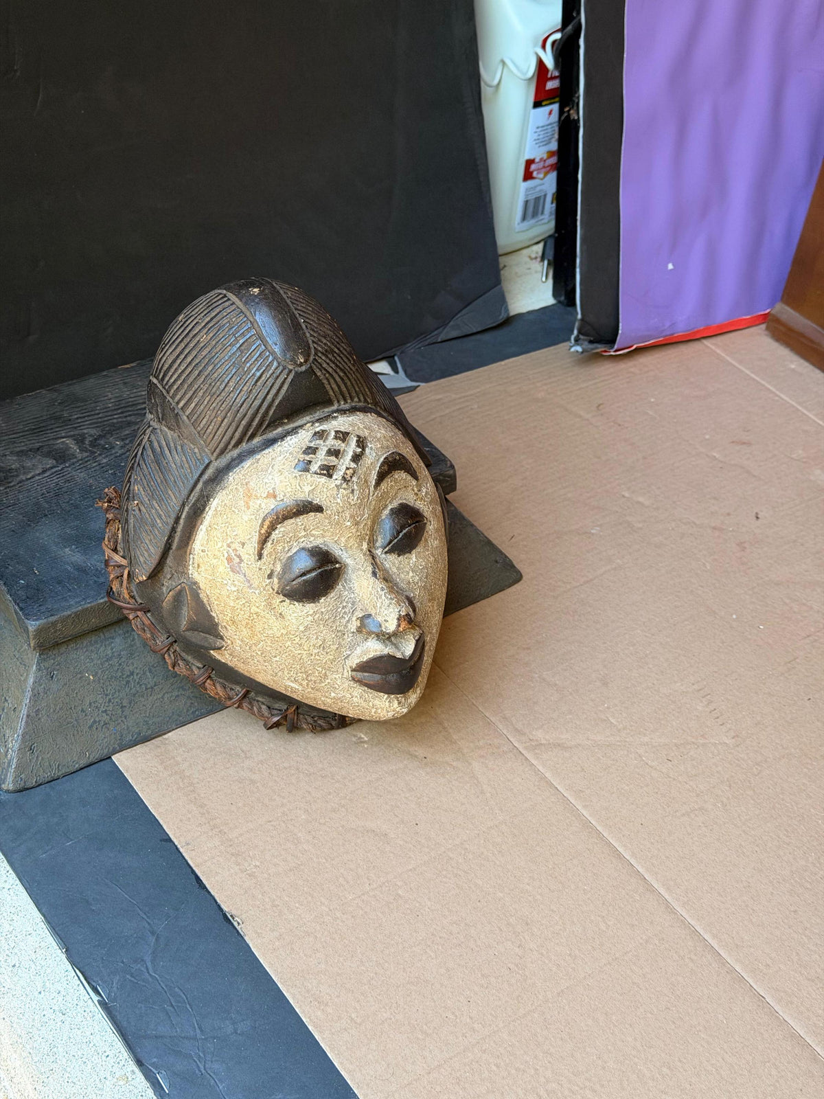 Vintage African Punu Okuyi Wooden Mask – White Kaolin Spirit Face (11")