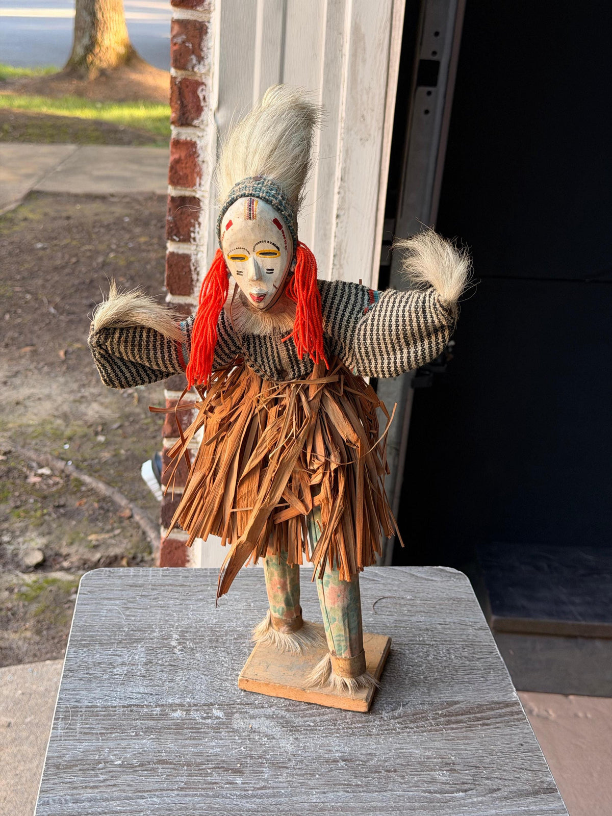 Vintage African Zaouli Dance Doll Guro Baule Cote d'Ivoire Wood Raffia 15"