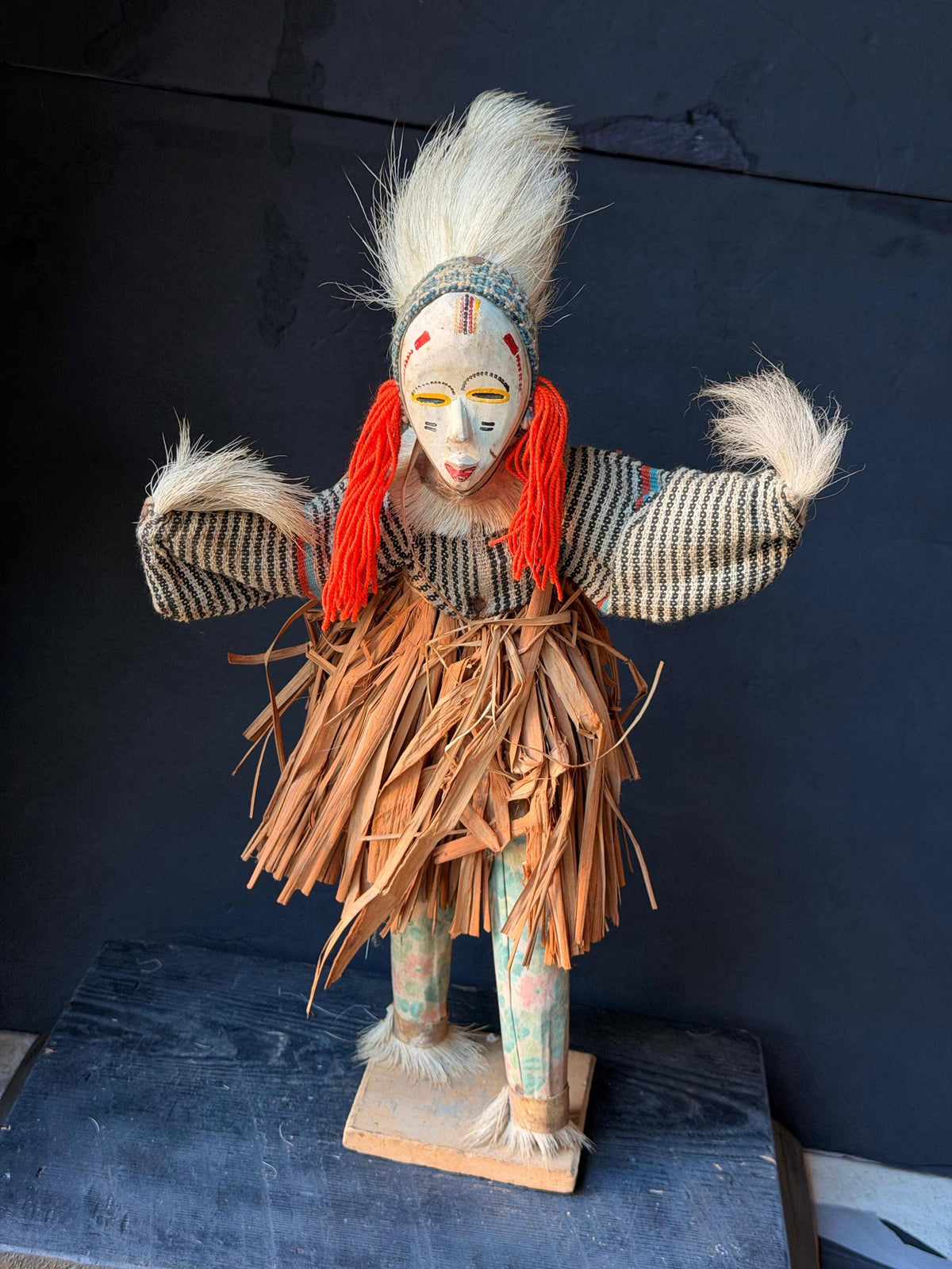 Vintage African Zaouli Dance Doll Guro Baule Cote d'Ivoire Wood Raffia 15"