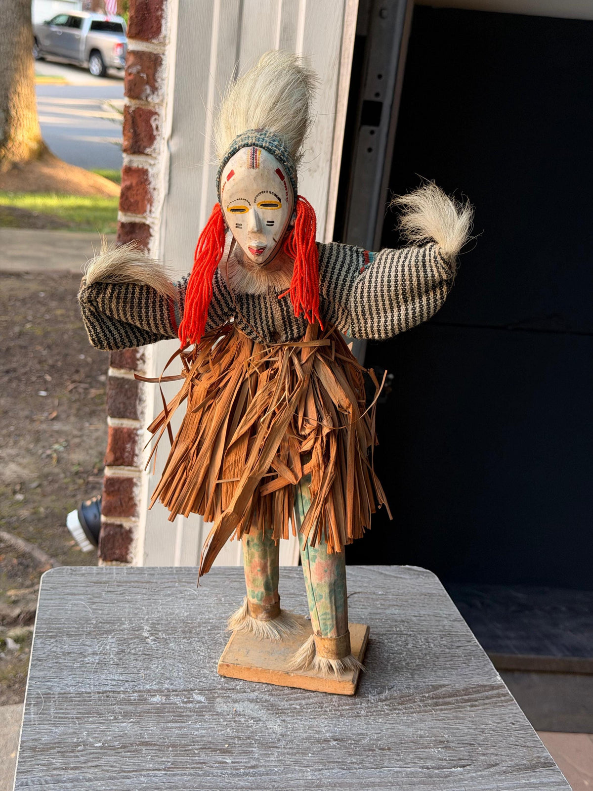 Vintage African Zaouli Dance Doll Guro Baule Cote d'Ivoire Wood Raffia 15"