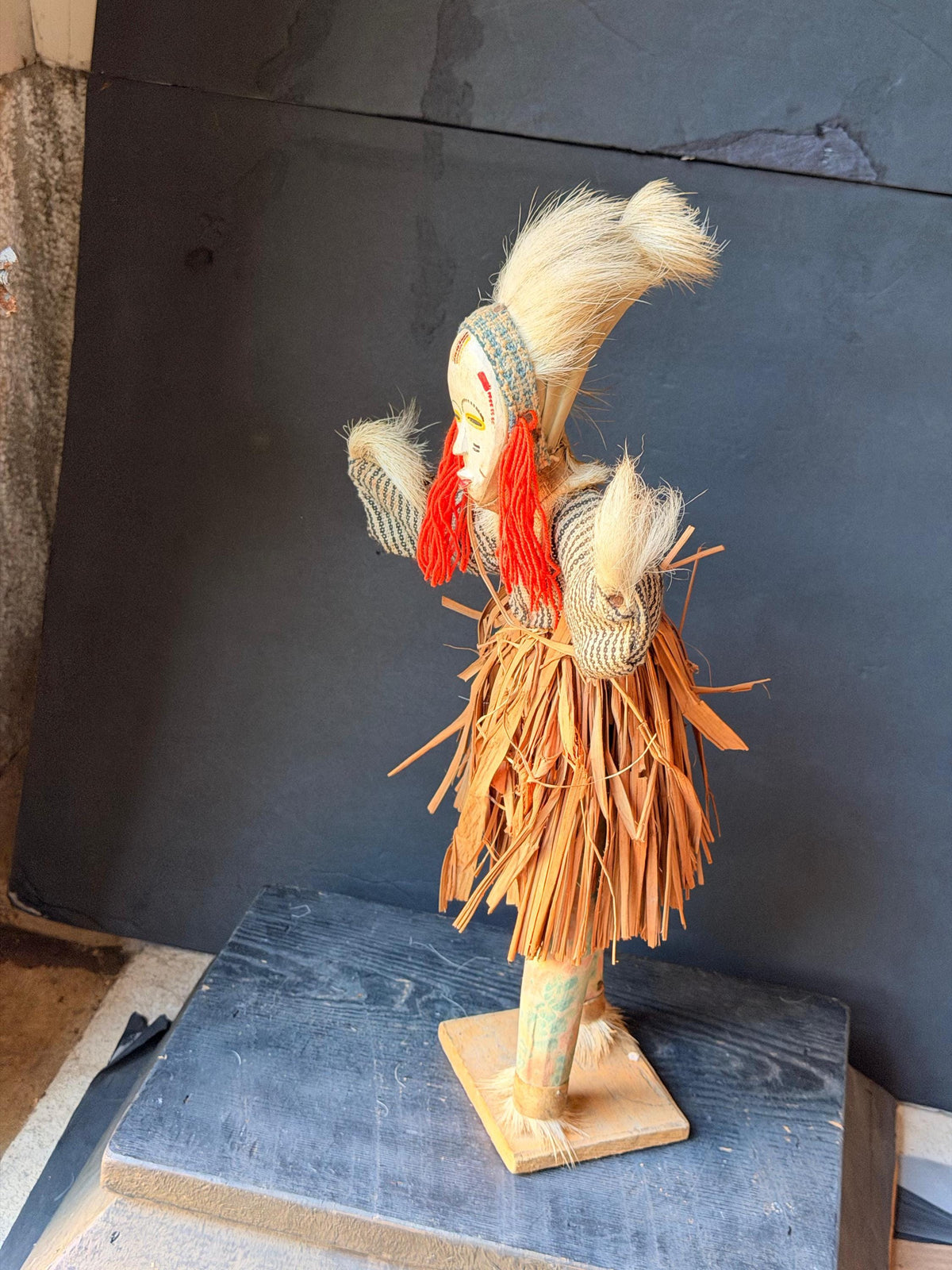 Vintage African Zaouli Dance Doll Guro Baule Cote d'Ivoire Wood Raffia 15"