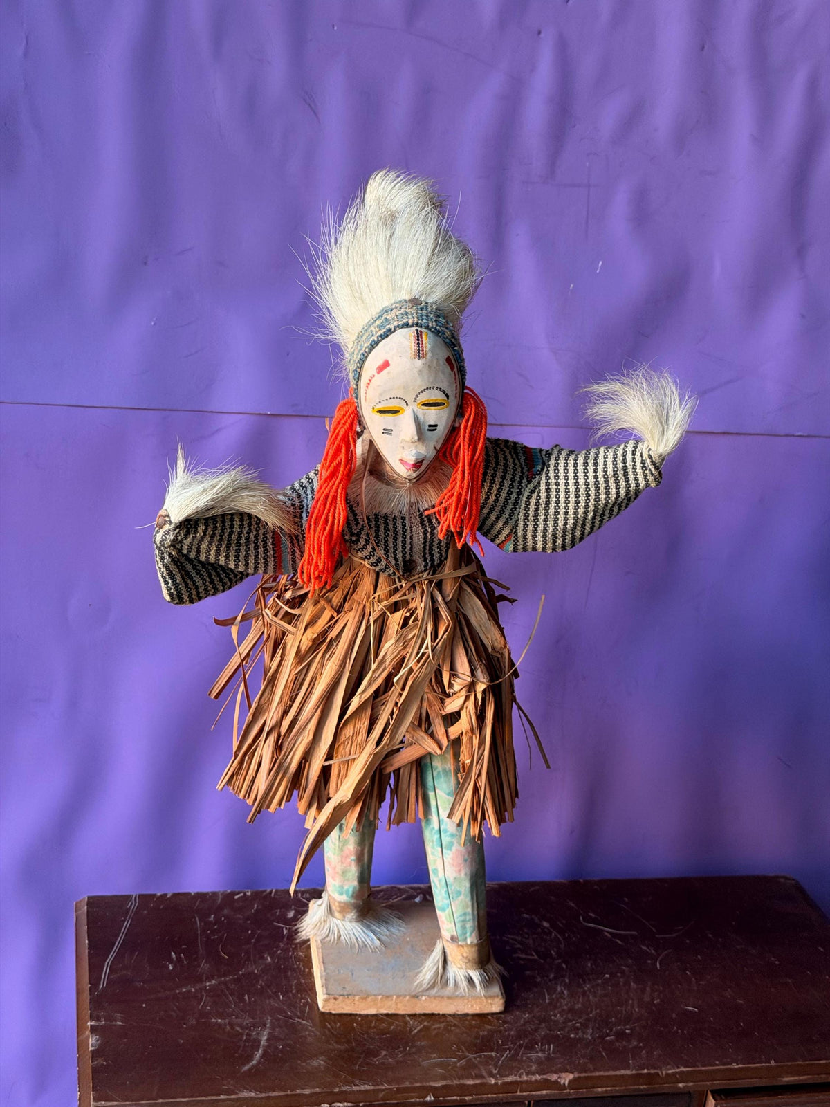 Vintage African Zaouli Dance Doll Guro Baule Cote d'Ivoire Wood Raffia 15"
