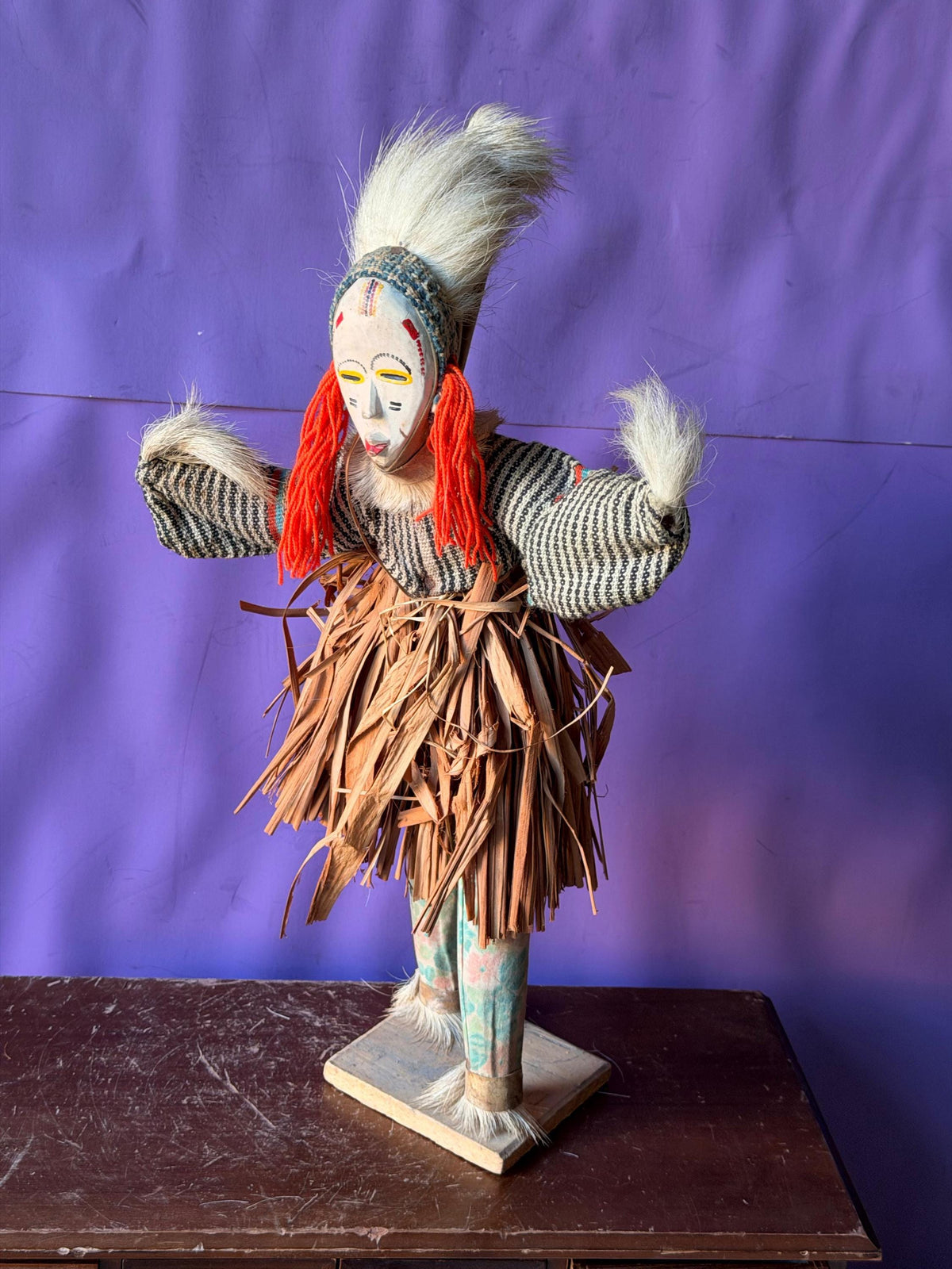 Vintage African Zaouli Dance Doll Guro Baule Cote d'Ivoire Wood Raffia 15"