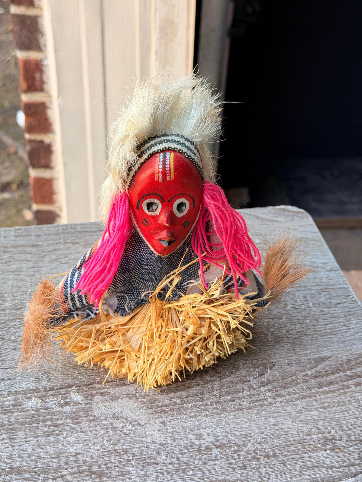 Vintage Seated African Zaouli Doll Red Mask Guro Baule Tribal Art 7"