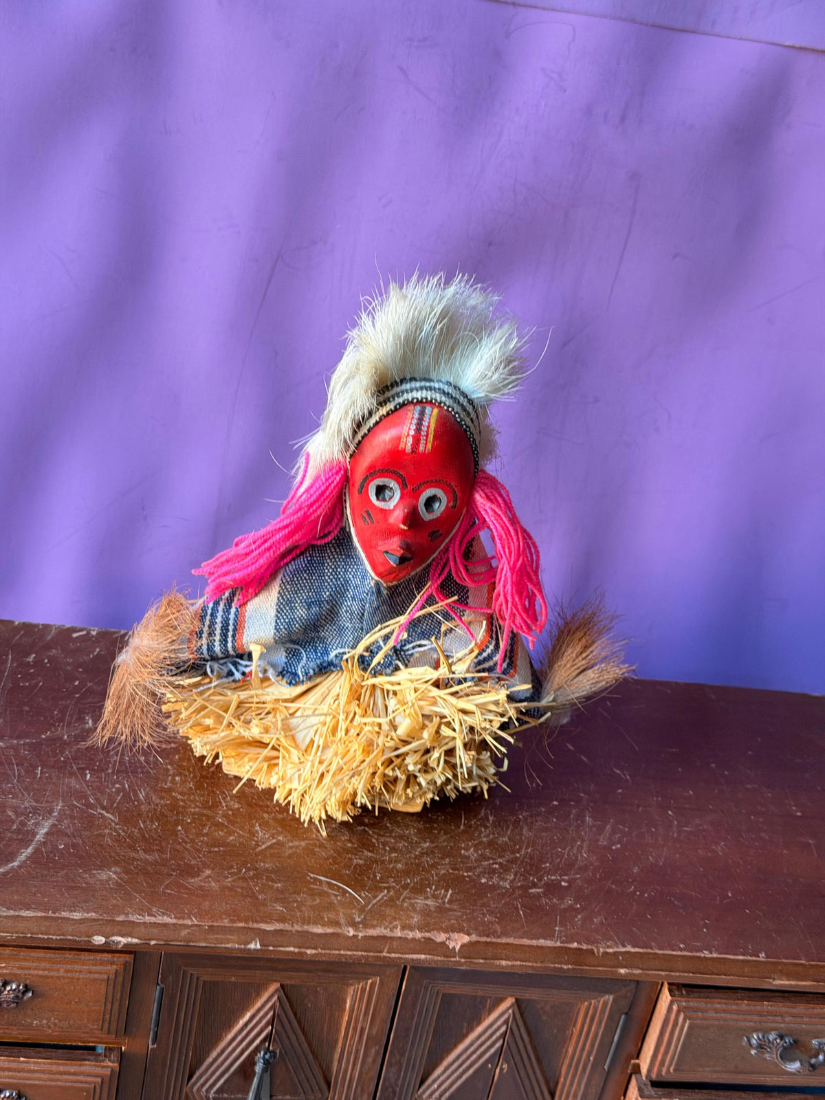 Vintage Seated African Zaouli Doll Red Mask Guro Baule Tribal Art 7"