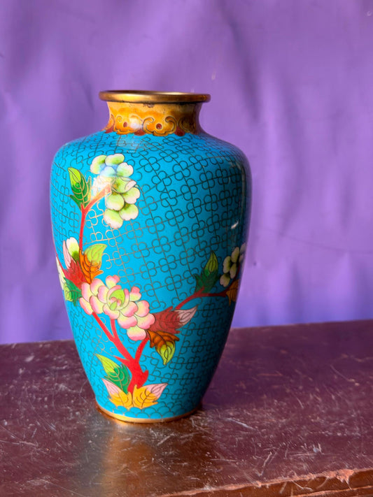Vintage Chinese Cloisonne Turquoise Blue Floral Enamel Brass Miniature Vase 6"