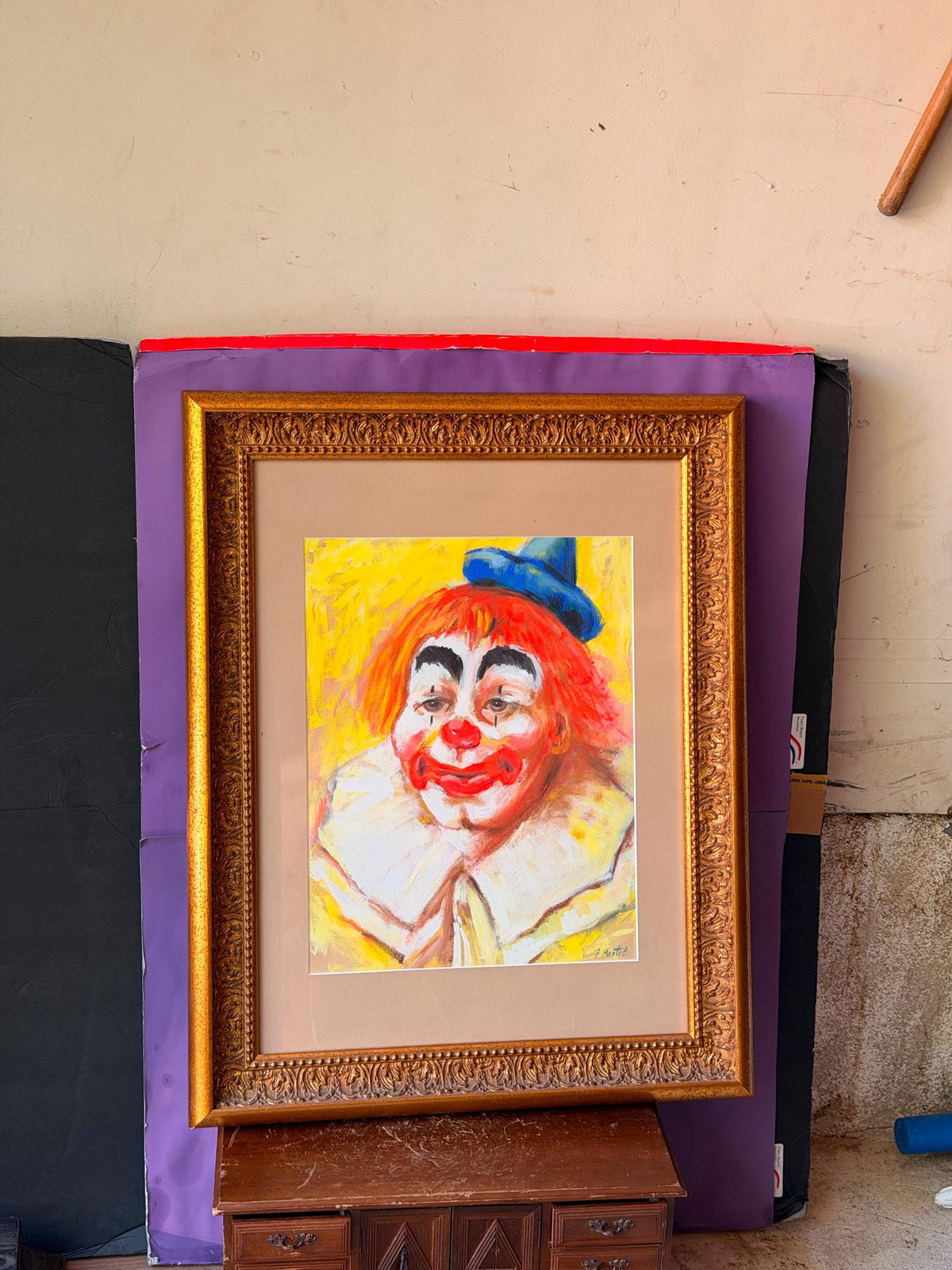 Vintage Framed Clown Painting Signed J. Martel | Mid-Century Folk Art 29x23