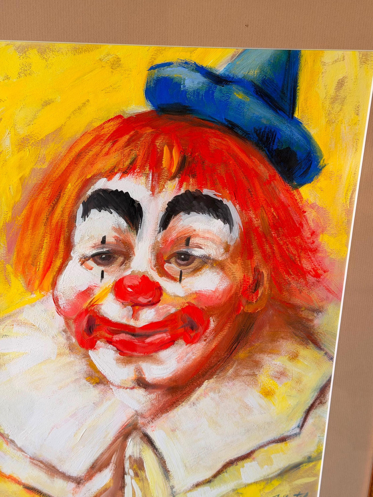 Vintage Framed Clown Painting Signed J. Martel | Mid-Century Folk Art 29x23