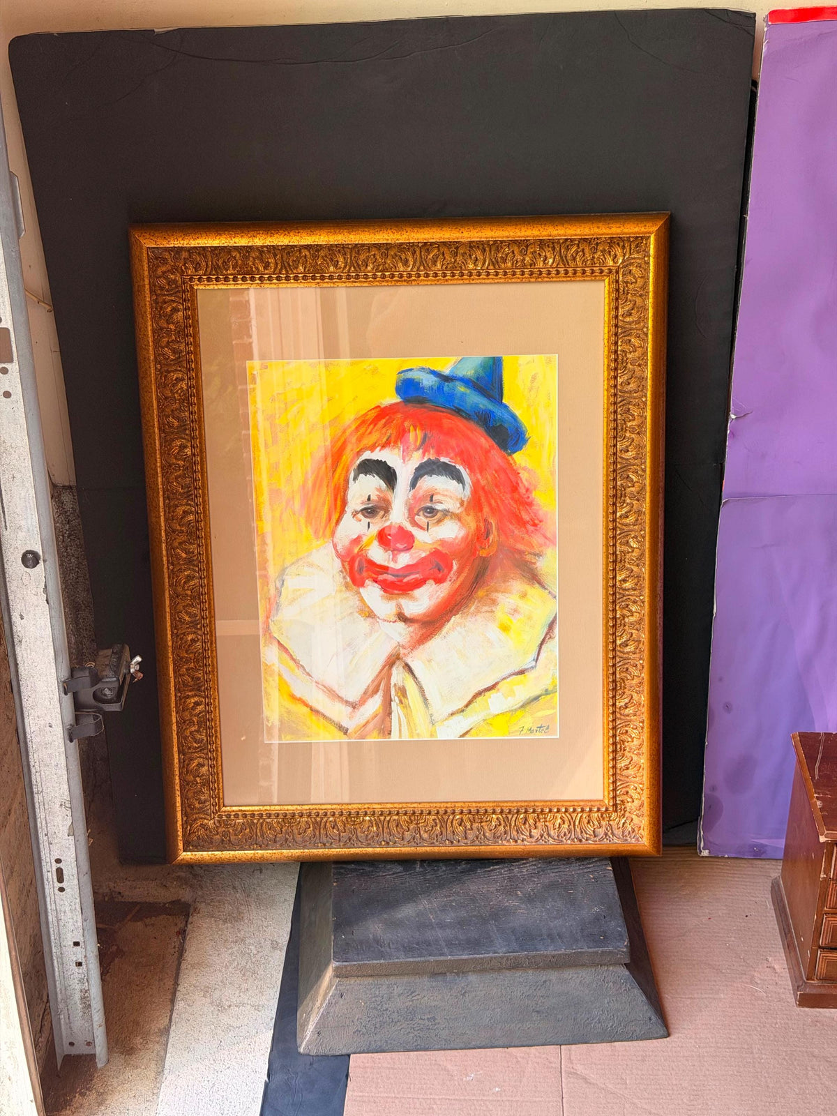 Vintage Framed Clown Painting Signed J. Martel | Mid-Century Folk Art 29x23