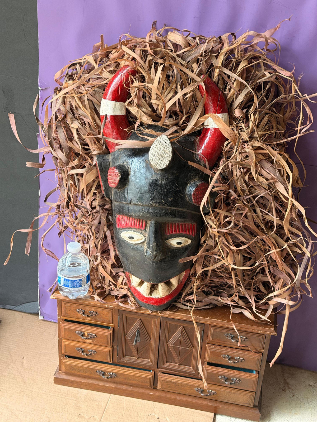 Vintage Igala Horned Masquerade Mask Raffia Carved Wood Nigeria African 19"