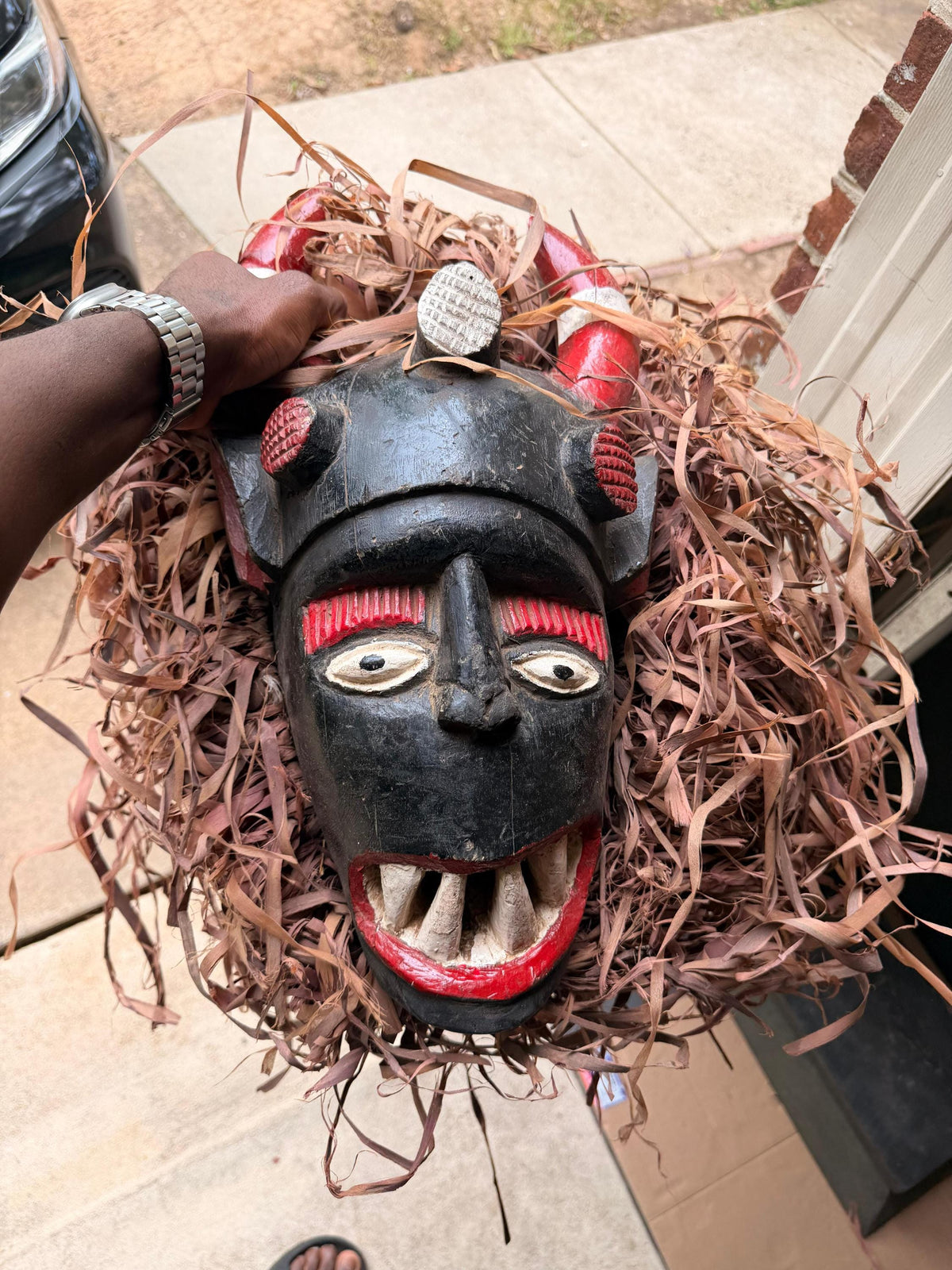 Vintage Igala Horned Masquerade Mask Raffia Carved Wood Nigeria African 19"