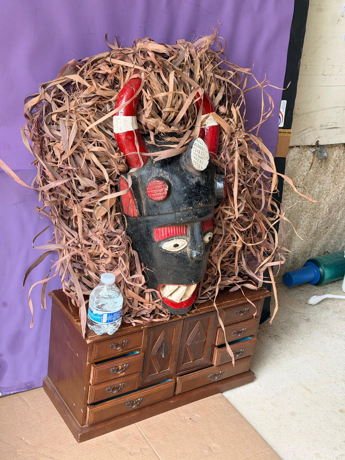 Vintage Igala Horned Masquerade Mask Raffia Carved Wood Nigeria African 19"