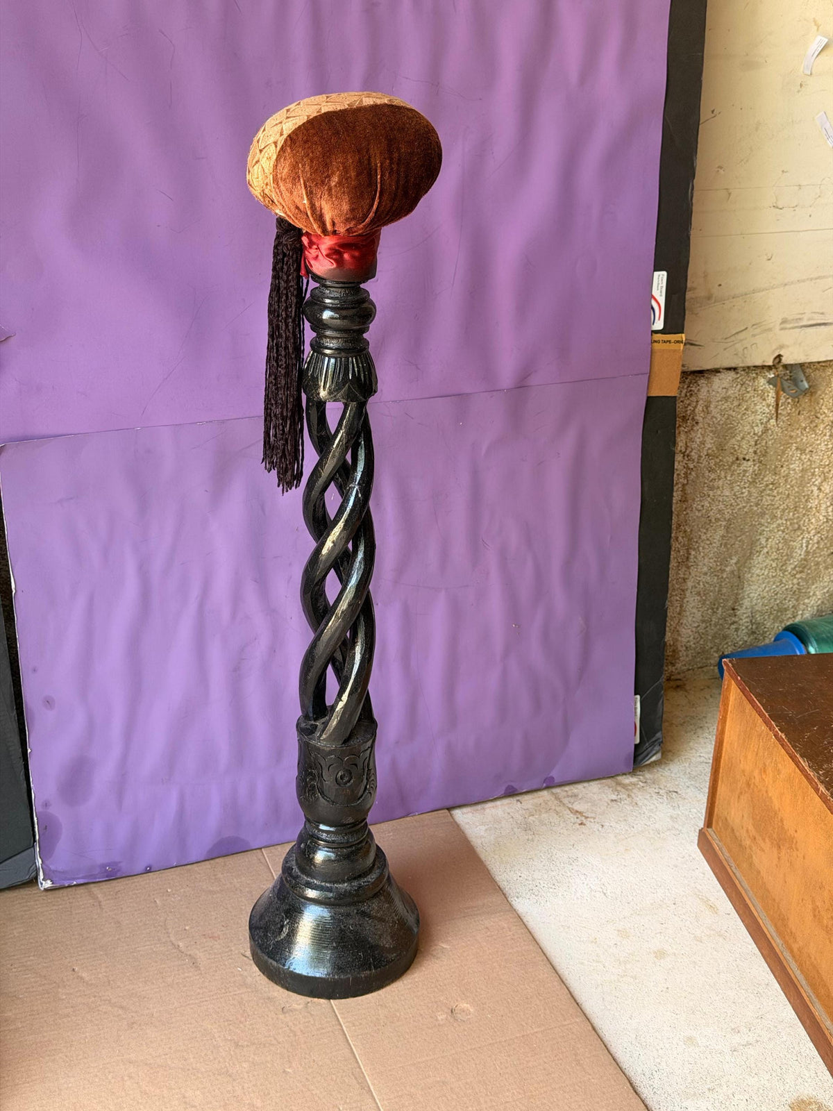 Vintage Millinery Hat Stand 32" Black Barley Twist Wood Wig Display Pedestal