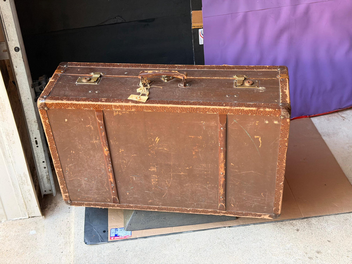 Vintage German Steamer Trunk Locked Brown Suitcase Coffee Table 30"