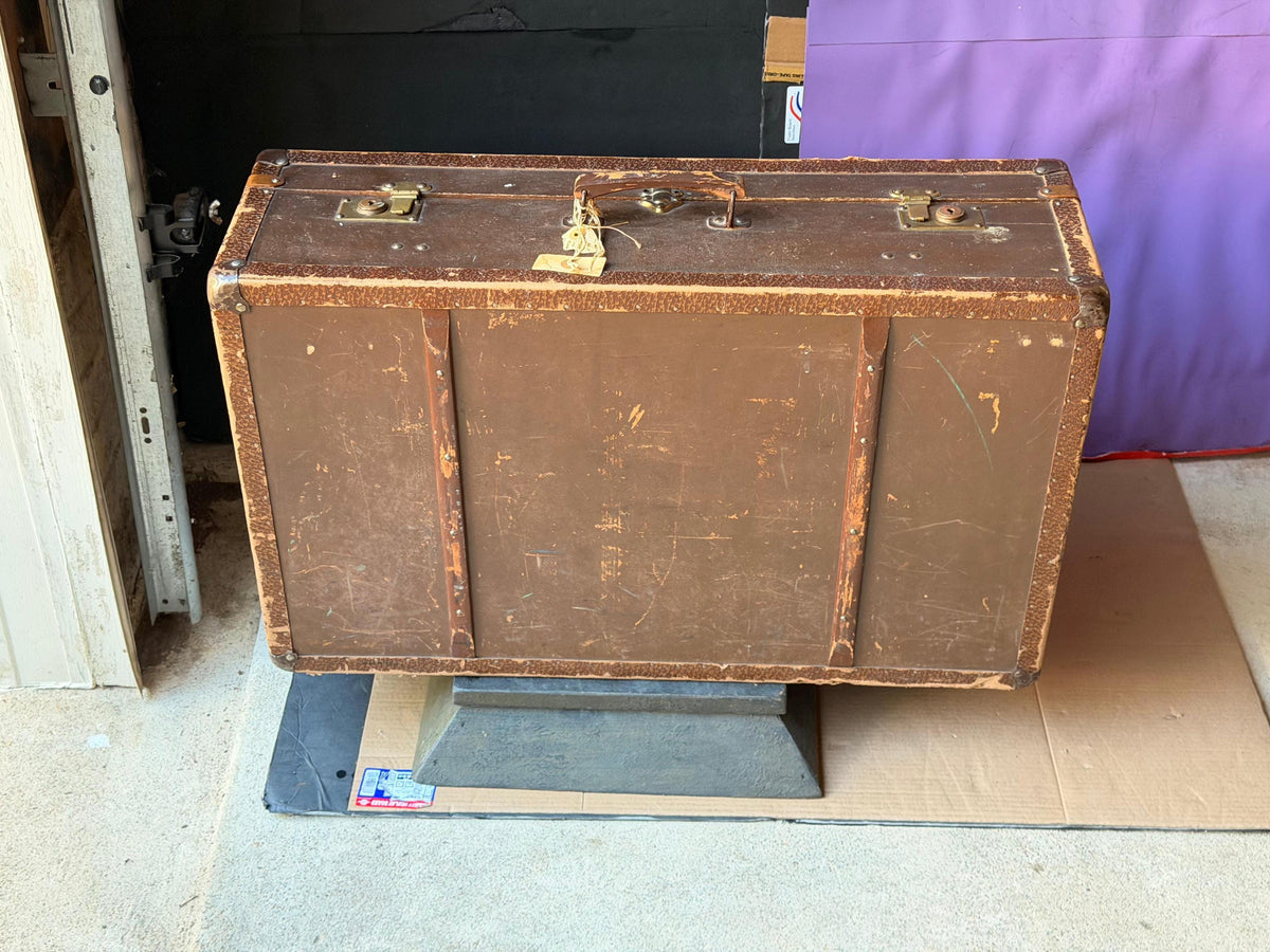 Vintage German Steamer Trunk Locked Brown Suitcase Coffee Table 30"