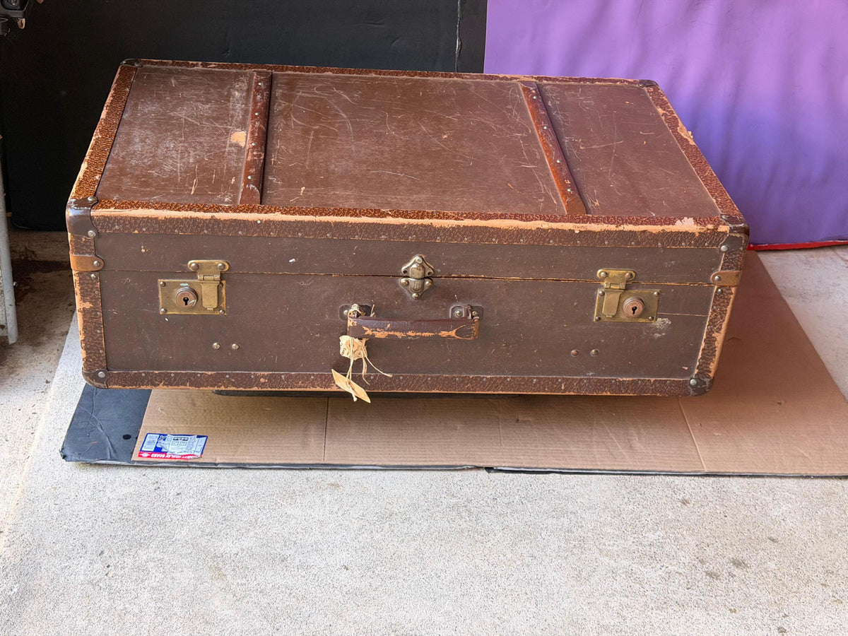 Vintage German Steamer Trunk Locked Brown Suitcase Coffee Table 30"
