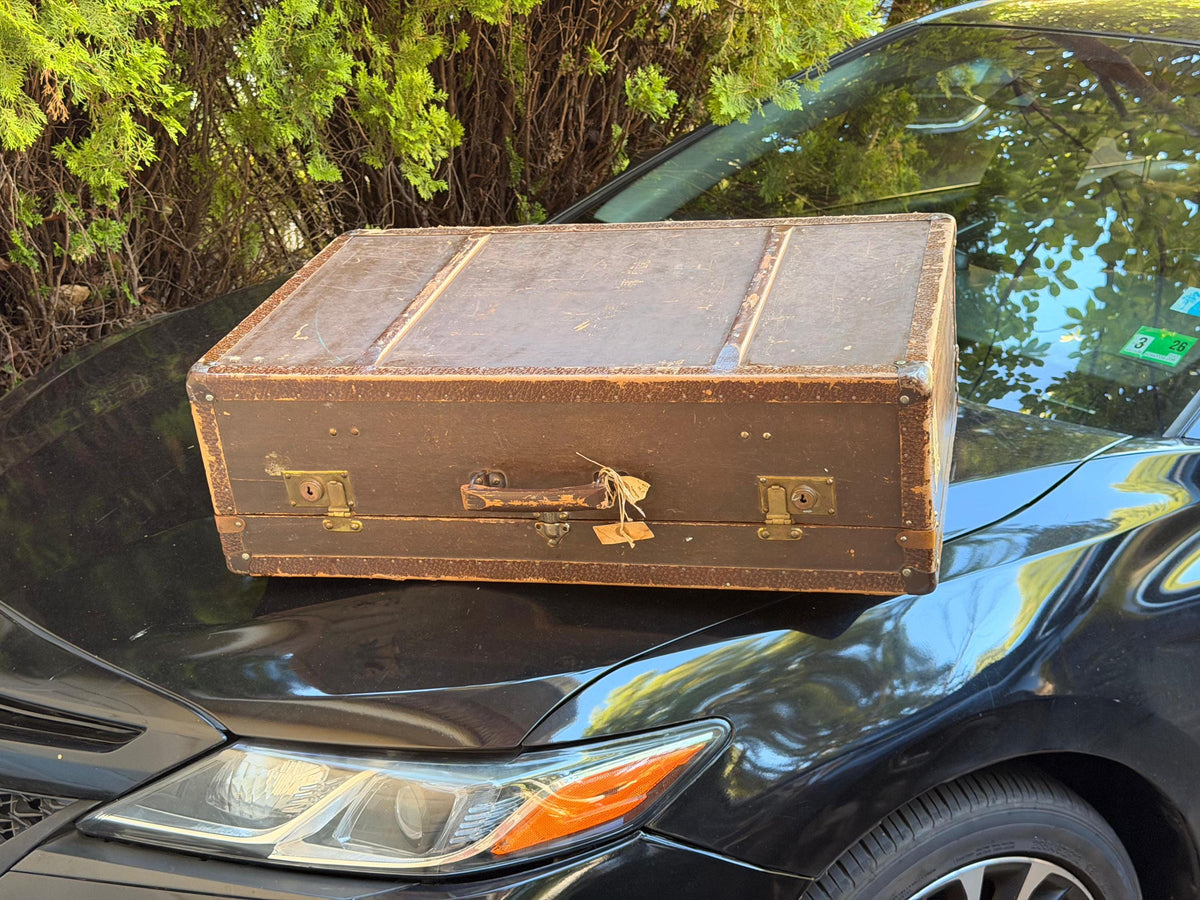 Vintage German Steamer Trunk Locked Brown Suitcase Coffee Table 30"