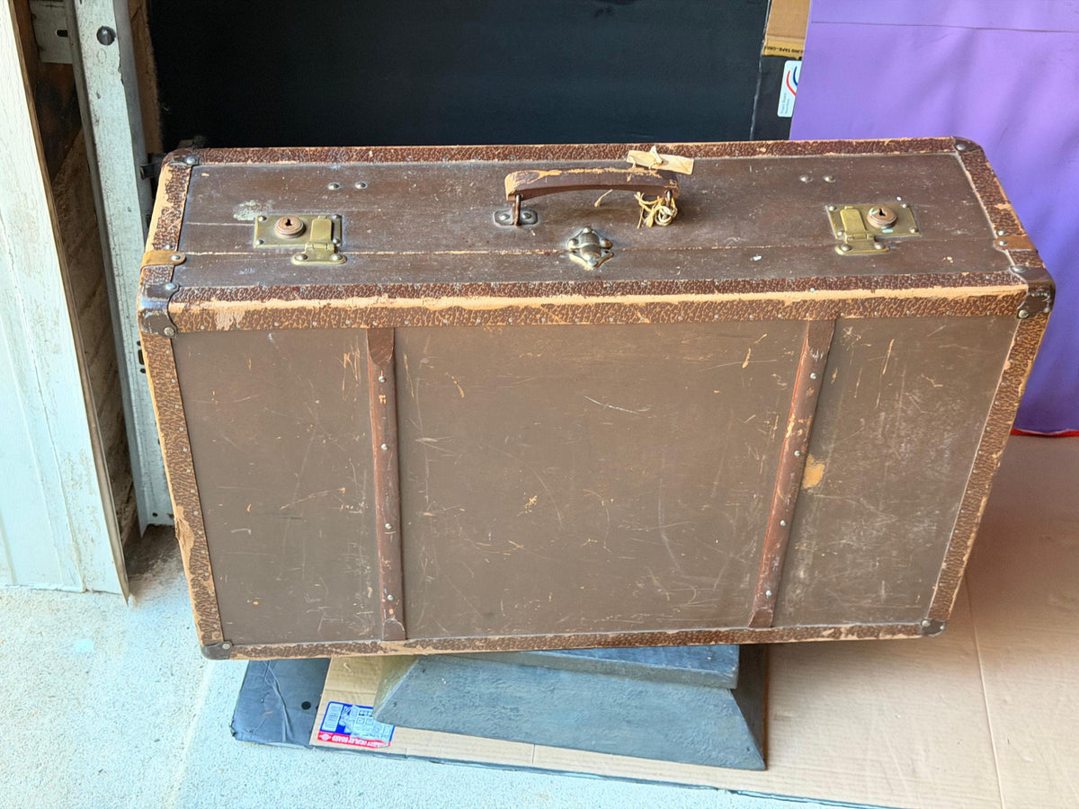 Vintage German Steamer Trunk Locked Brown Suitcase Coffee Table 30"