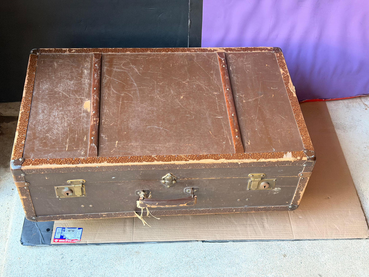 Vintage German Steamer Trunk Locked Brown Suitcase Coffee Table 30"