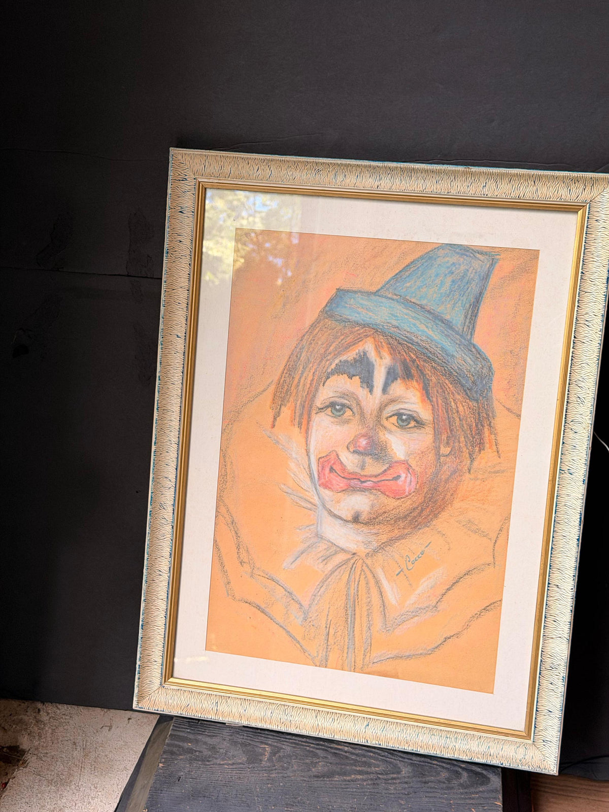 Vintage Original Pastel Clown Painting Signed Framed Circus Wall Art 22"
