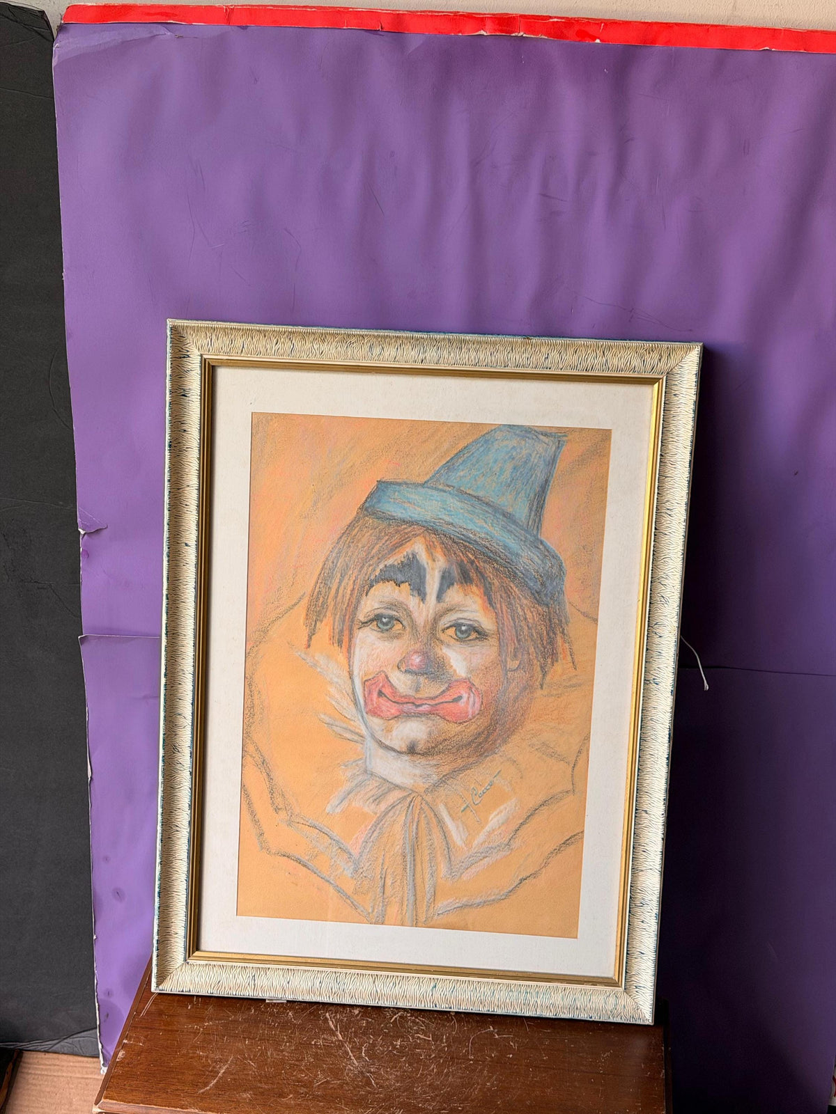 Vintage Original Pastel Clown Painting Signed Framed Circus Wall Art 22"