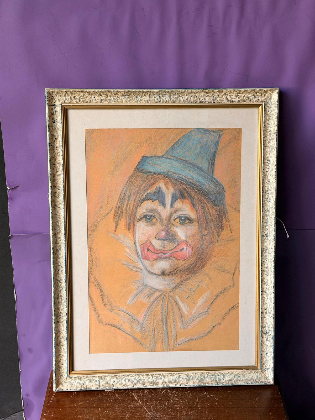 Vintage Original Pastel Clown Painting Signed Framed Circus Wall Art 22"