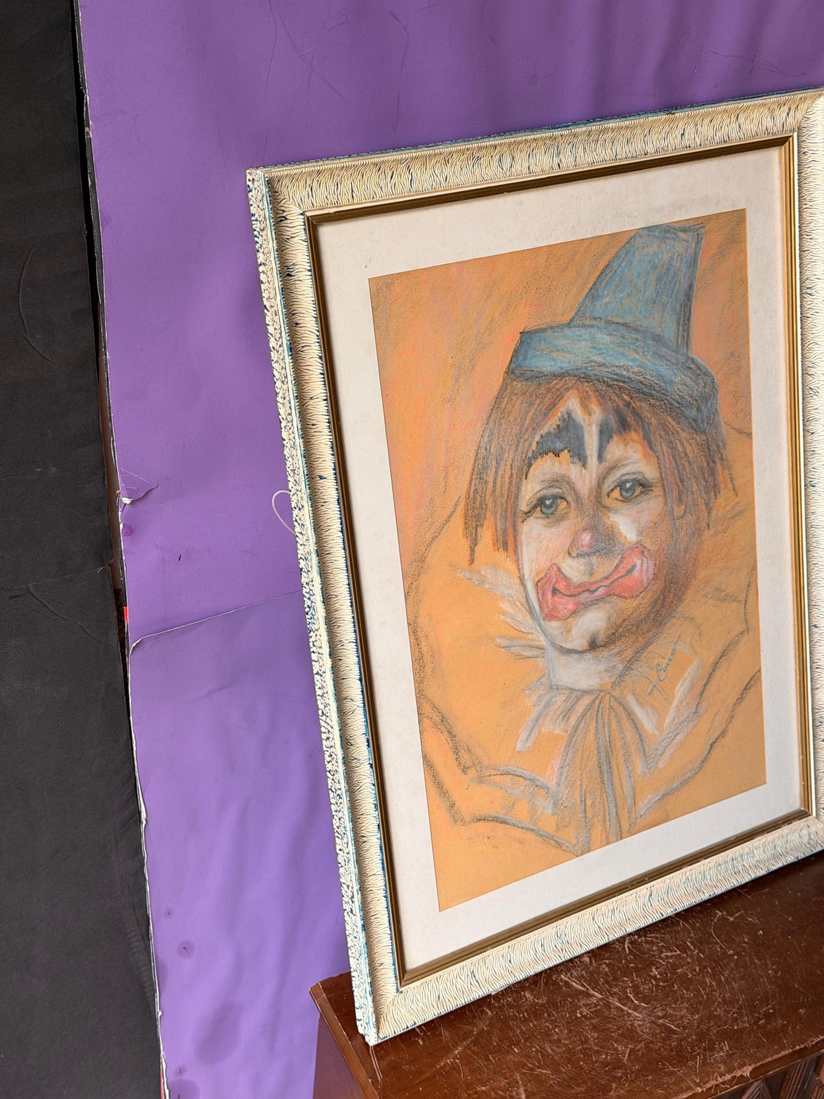 Vintage Original Pastel Clown Painting Signed Framed Circus Wall Art 22"