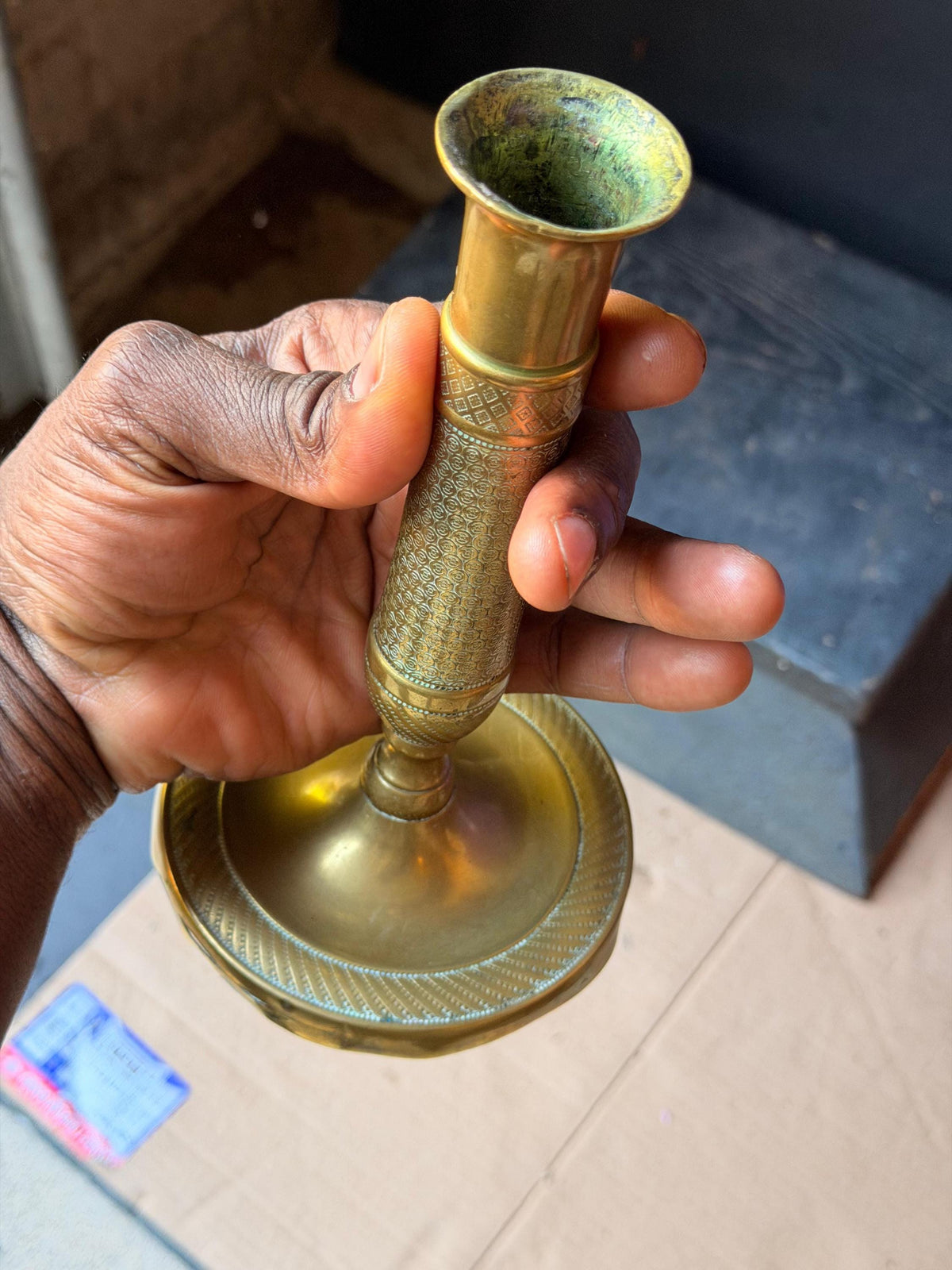 French Empire Style Brass Candlestick 7.5 in, Engine Turned Taper Holder, Neoclassical Mantel Decor