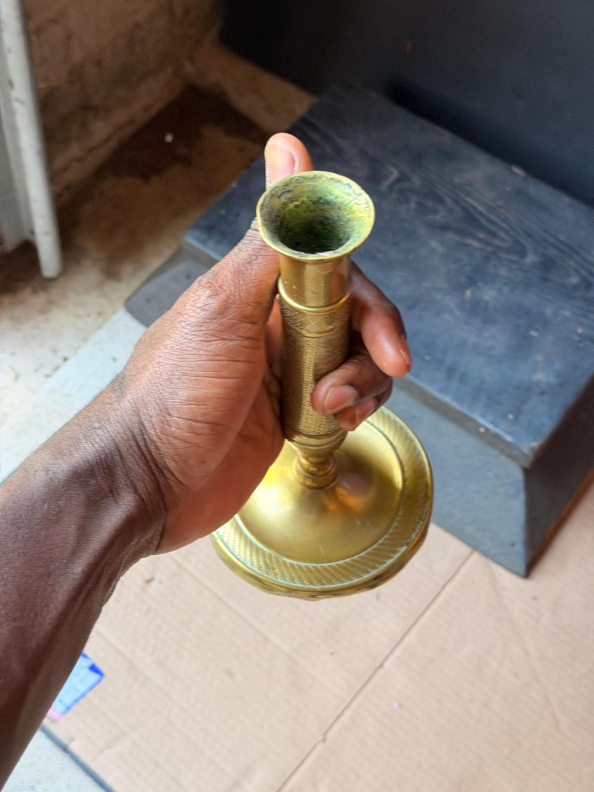 French Empire Style Brass Candlestick 7.5 in, Engine Turned Taper Holder, Neoclassical Mantel Decor