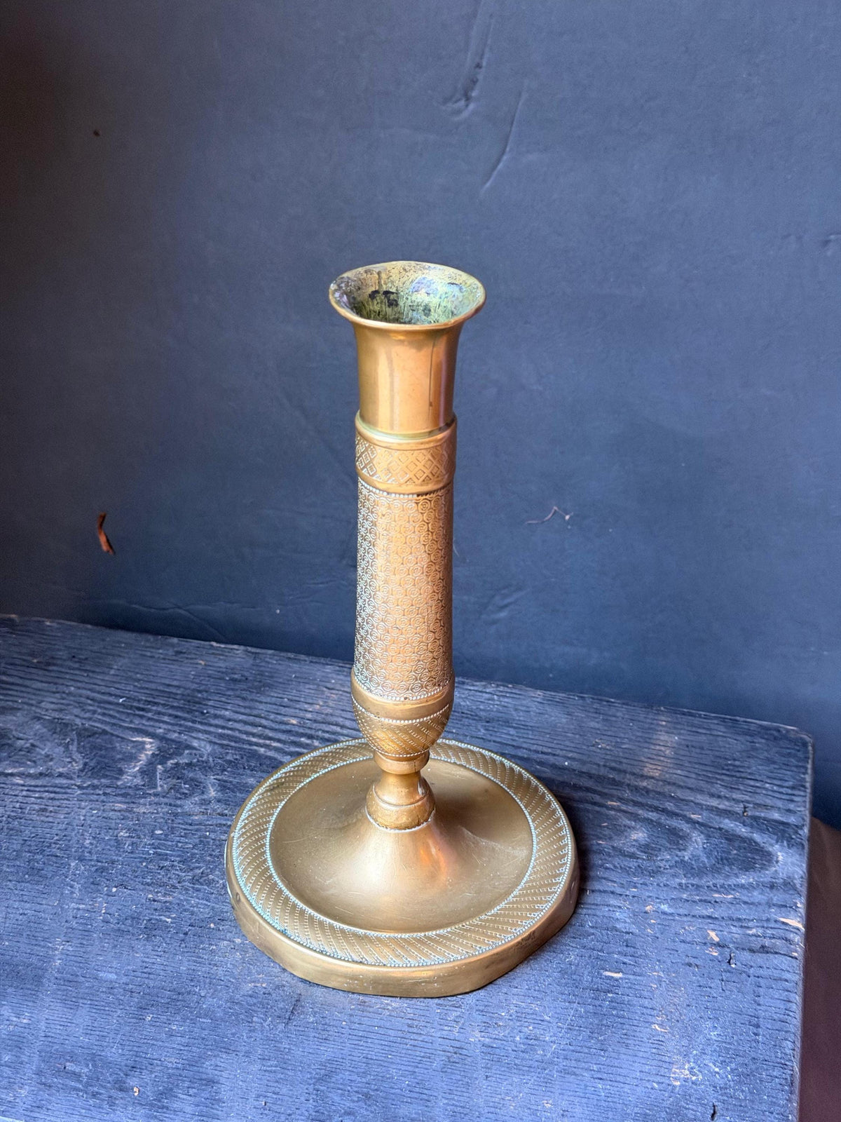 French Empire Style Brass Candlestick 7.5 in, Engine Turned Taper Holder, Neoclassical Mantel Decor