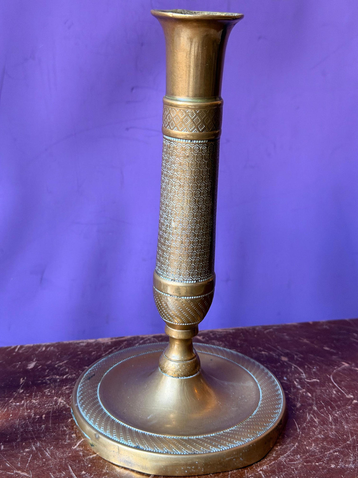 French Empire Style Brass Candlestick 7.5 in, Engine Turned Taper Holder, Neoclassical Mantel Decor