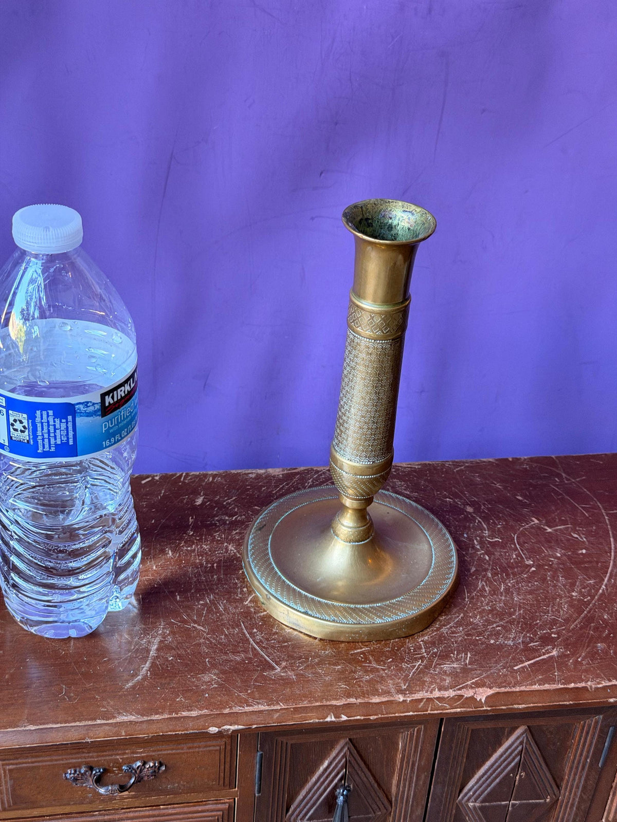 French Empire Style Brass Candlestick 7.5 in, Engine Turned Taper Holder, Neoclassical Mantel Decor