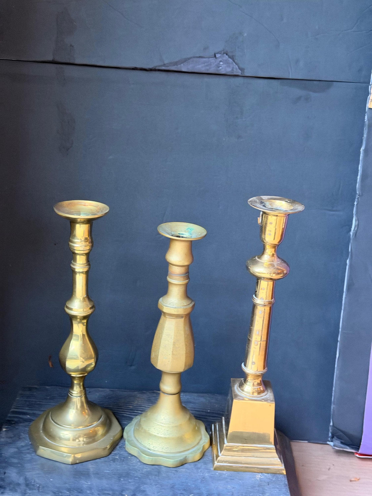 Vintage Brass Candlesticks Set Mismatched Taper Holders Trio 11.8"