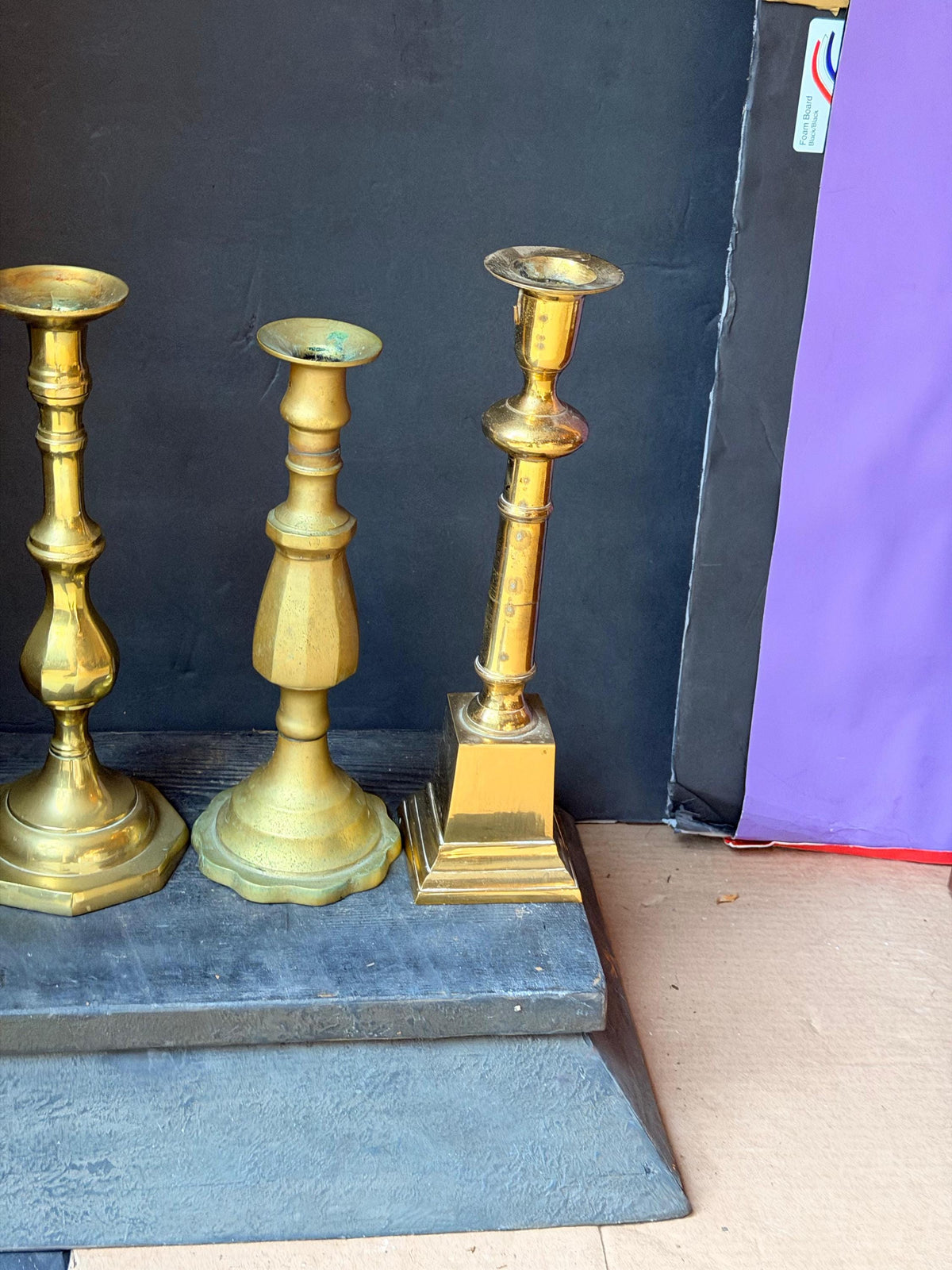 Vintage Brass Candlesticks Set Mismatched Taper Holders Trio 11.8"