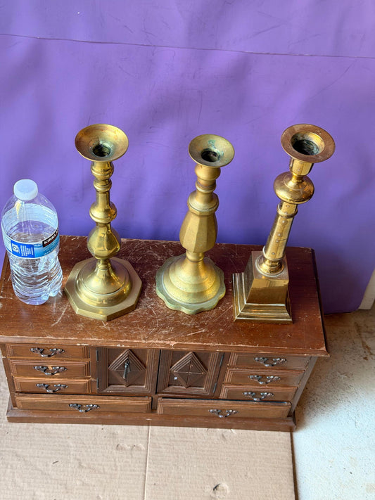 Vintage Brass Candlesticks Set Mismatched Taper Holders Trio 11.8"
